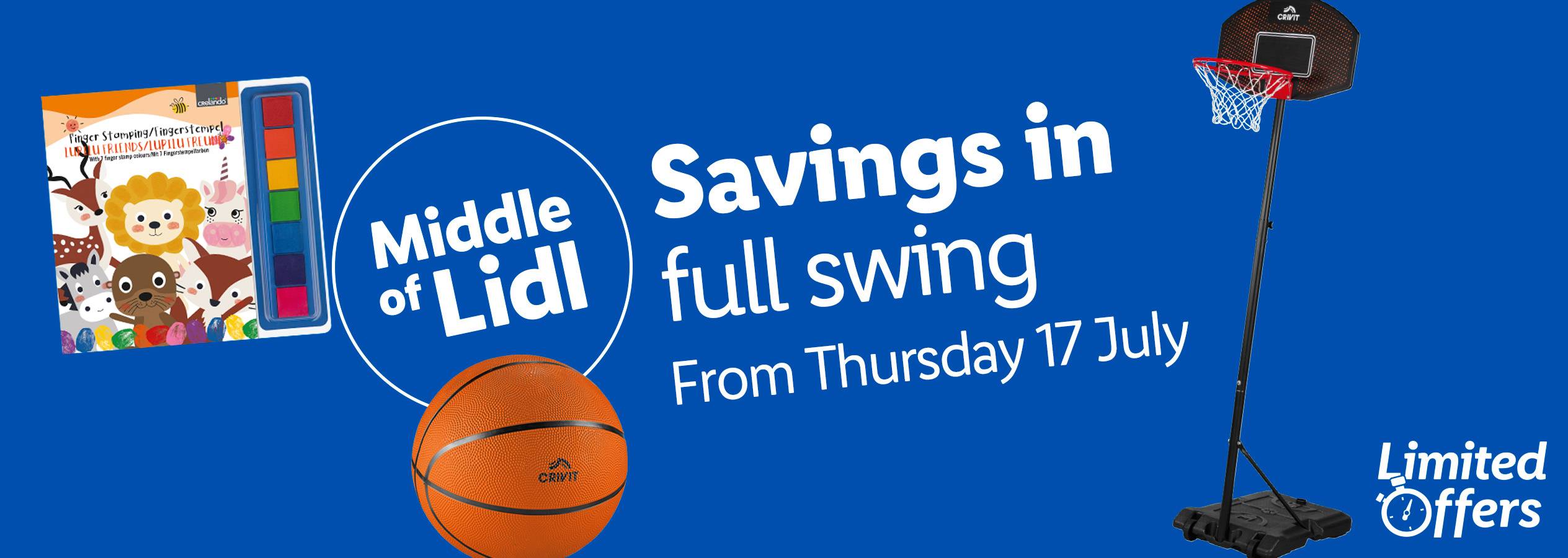 Lidl's limited-time offers include Crivit basketball hoop, basketball, and children's finger painting set.