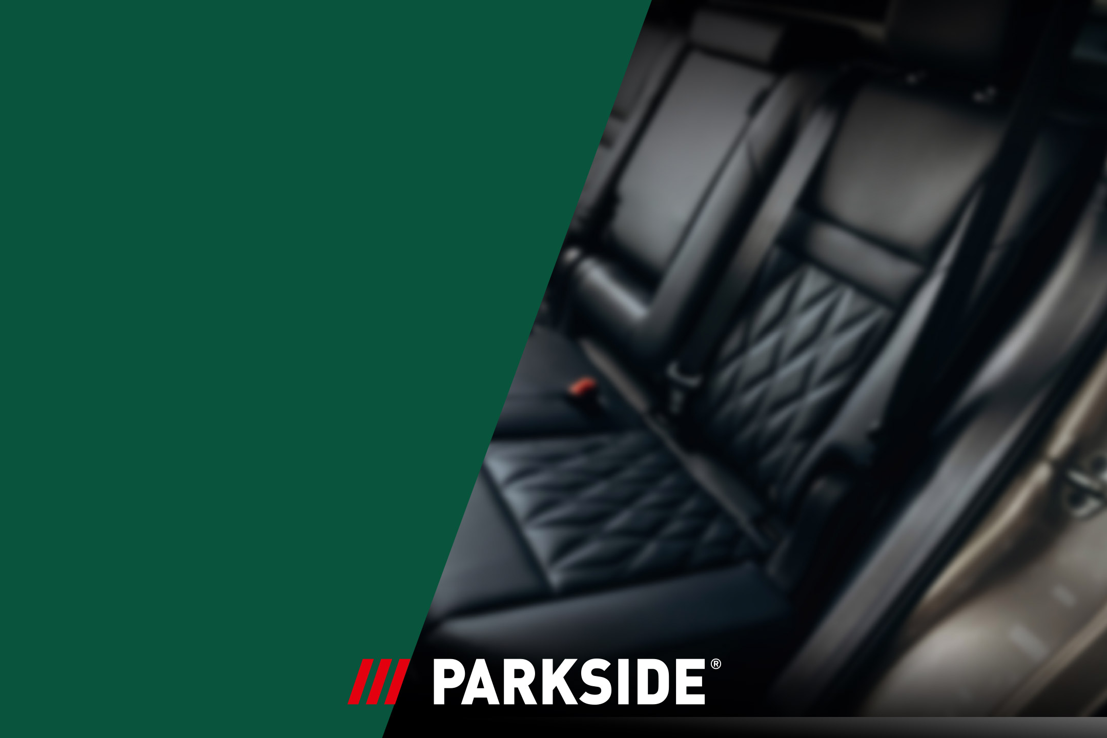 Dark green background with a blurred image of black leather car seats, featuring a diamond pattern.