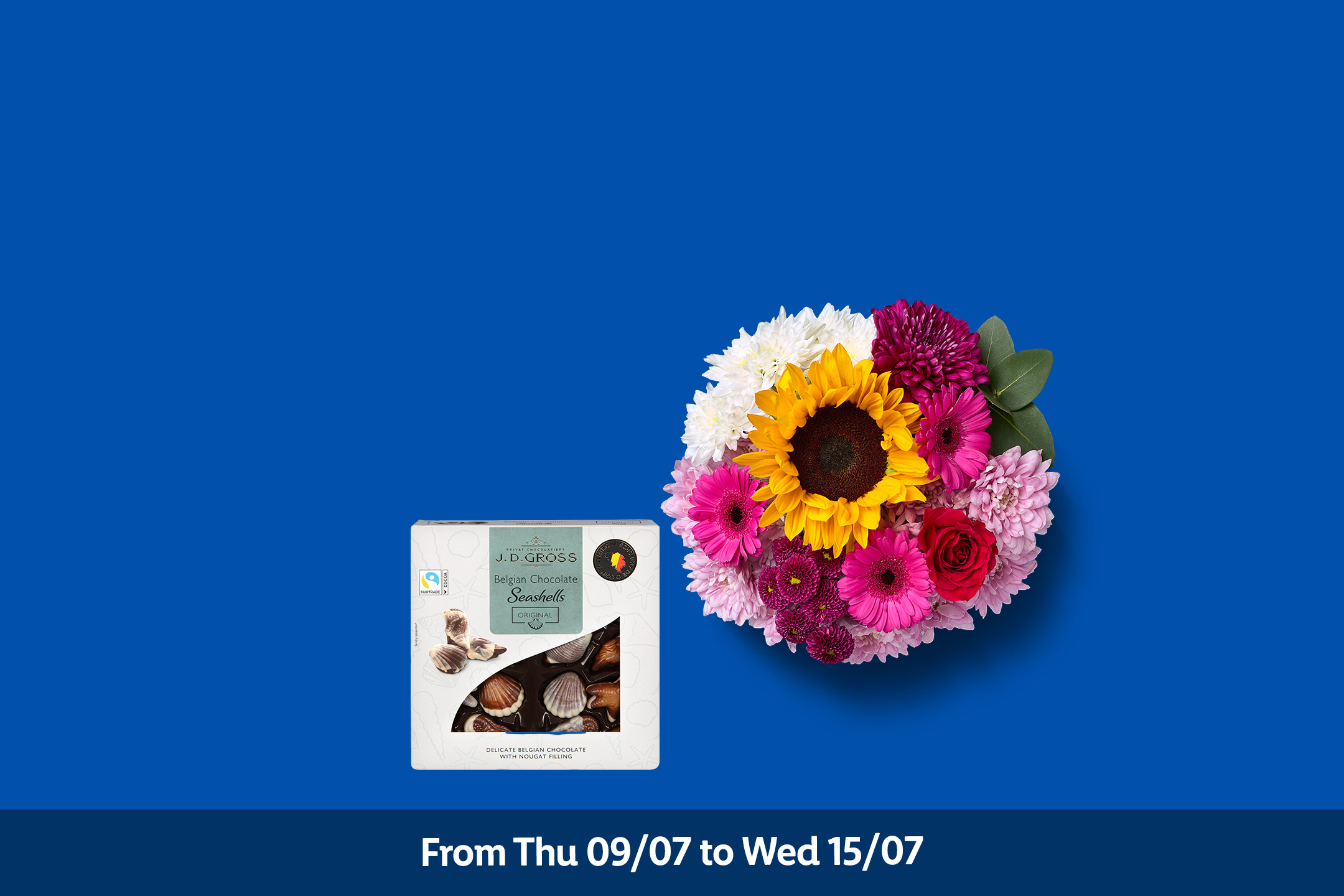 A bouquet of colorful flowers and a box of chocolate seashells, with a date range below.