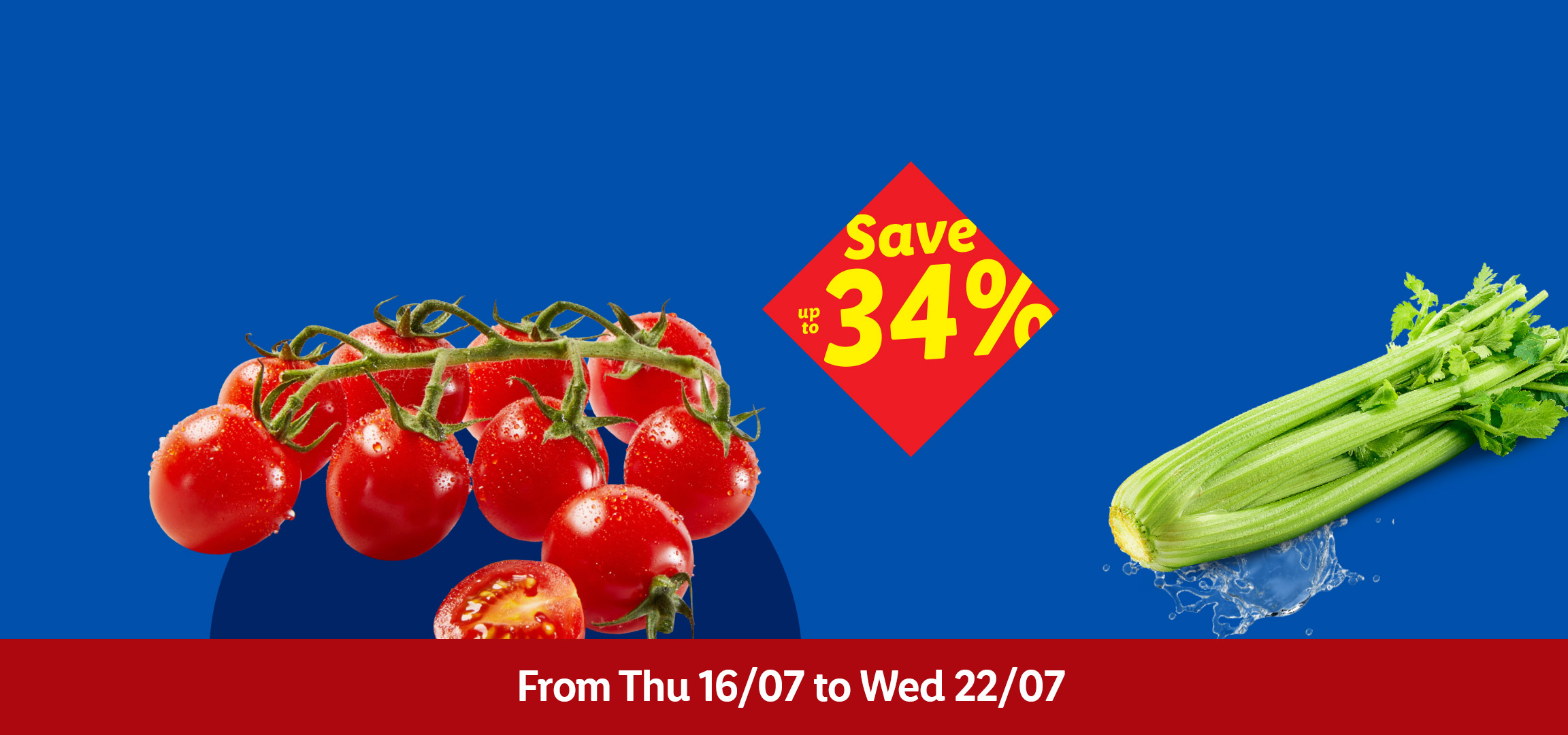 Bell peppers, cherry tomatoes, and celery with water splashes, advertising a 34% saving from Thu 16/07 to Wed 22/07.