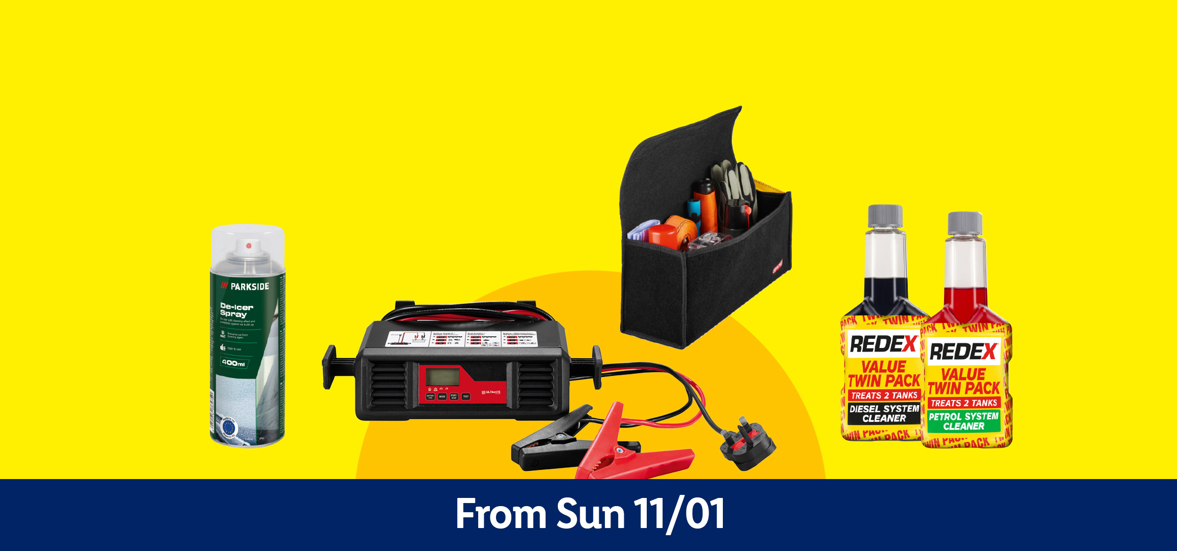 Car accessories: Parkside De-Icer Spray, car organiser, Ultimate battery charger, and Redex fuel system cleaners.