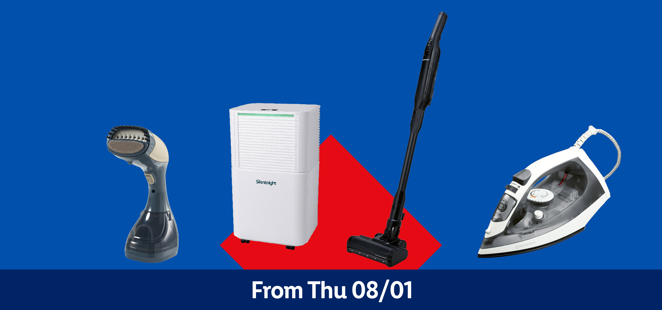 Handheld steamer, Silentnight air purifier, vacuum cleaner, and Silvercrest iron on blue background.