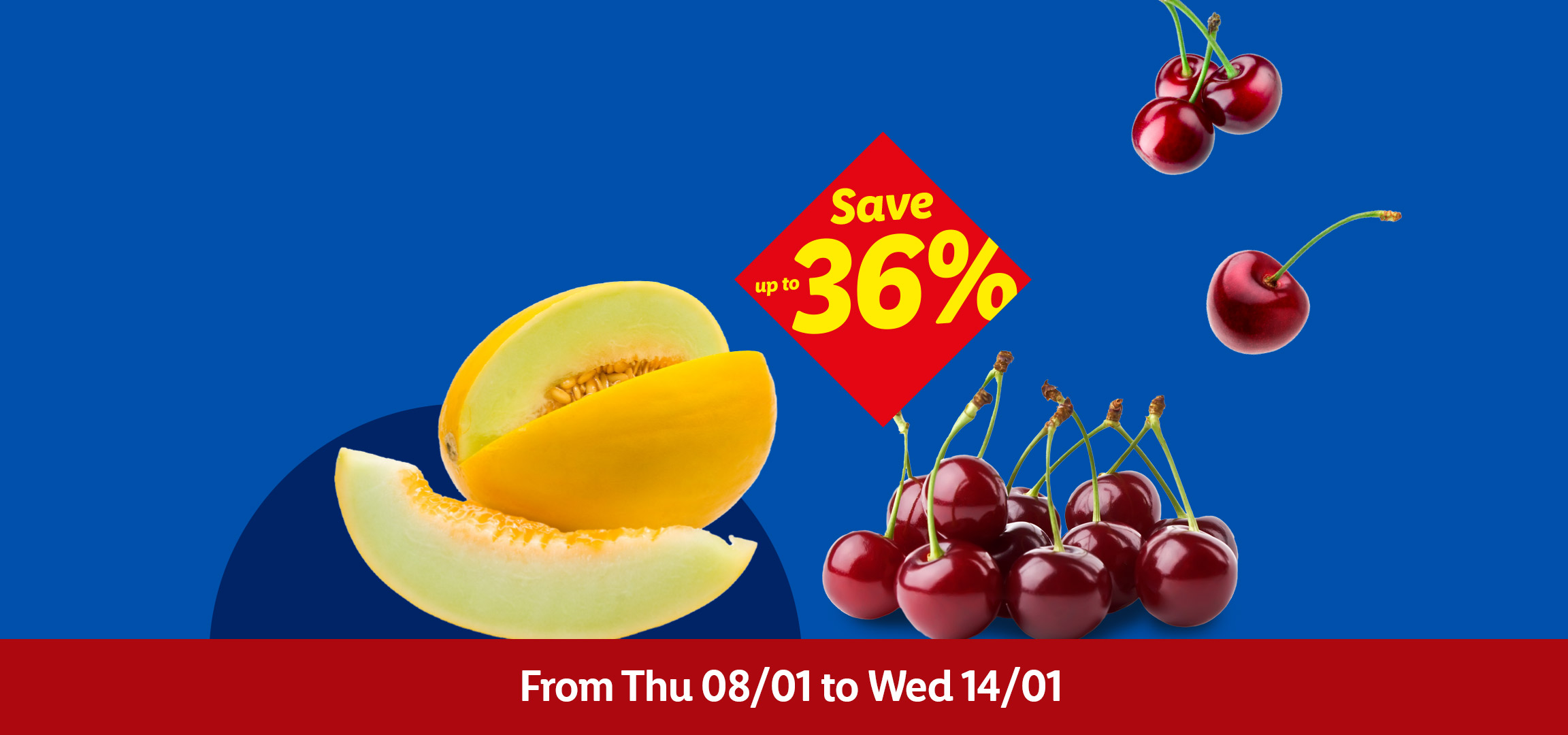 Oranges, melon, and cherries on a blue background with a red banner indicating a sale from Jan 8-14.