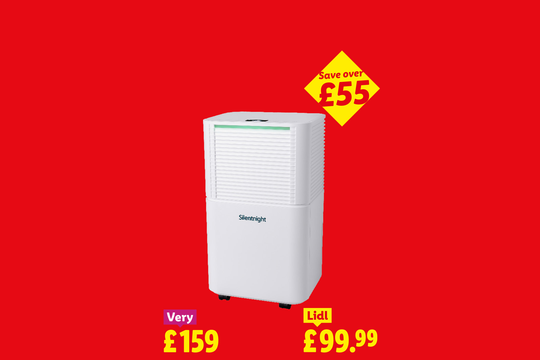 Silentnight dehumidifier with prices from Very and Lidl, showing a saving of over £55.