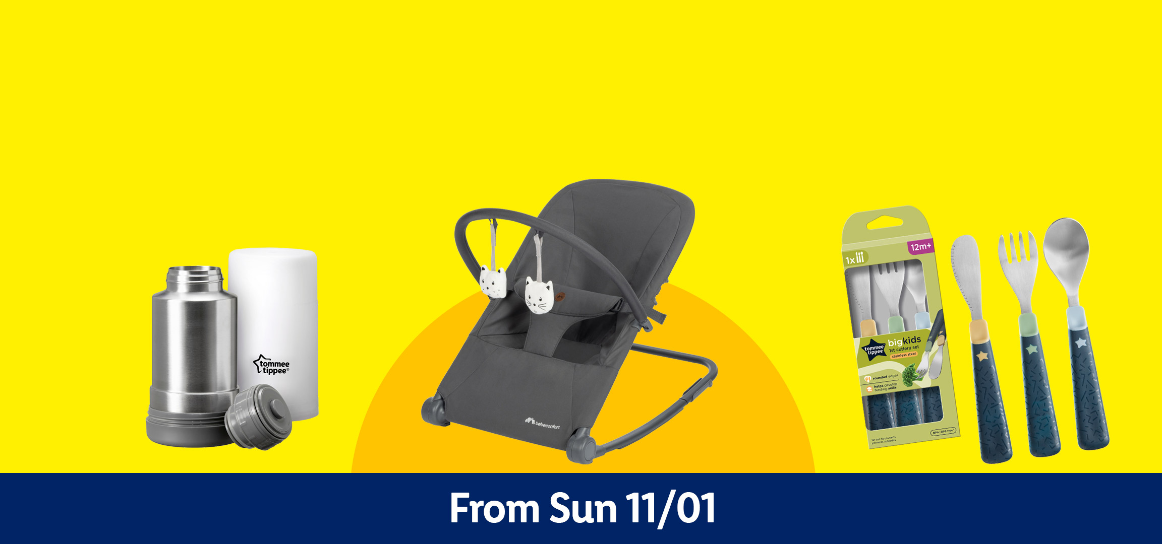 Baby products including a teether, Tommee Tippee flask, Bebeconfort bouncer, and cutlery set.