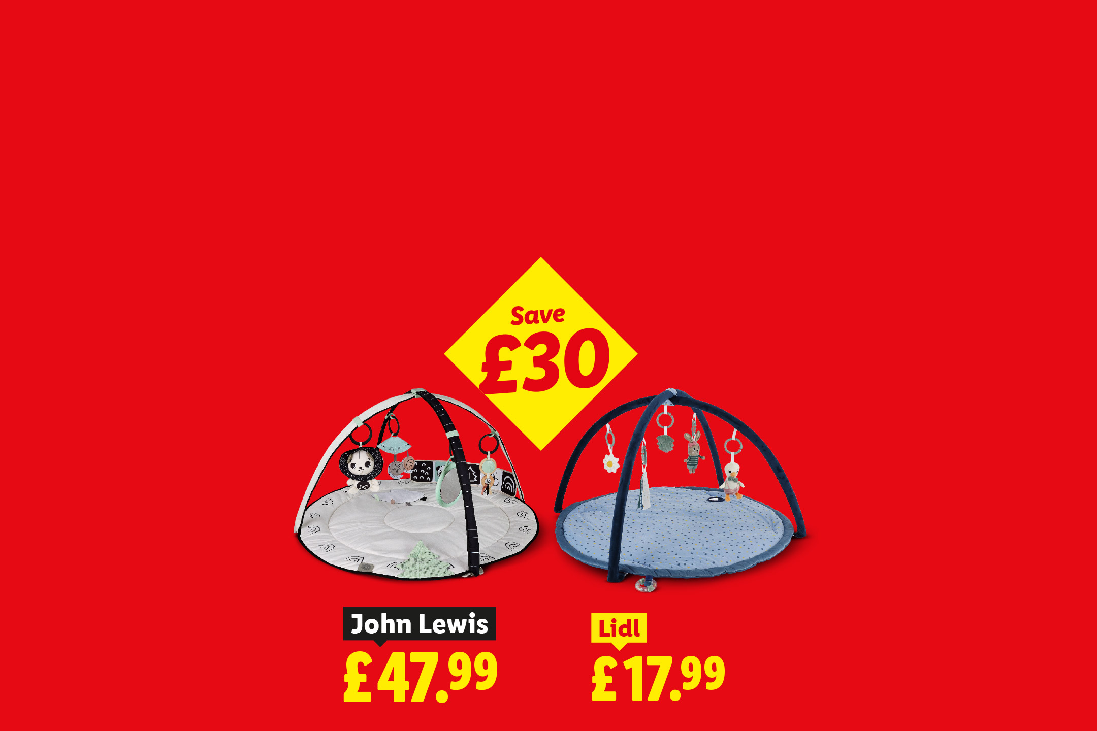 Two baby playmats, one from John Lewis for £47.99 and one from Lidl for £17.99, with a 'Save £30' tag.
