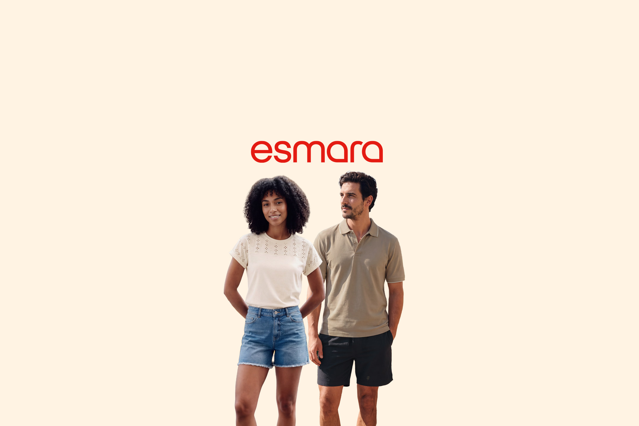 Two people wearing summer casual wear, a woman in a top and shorts, a man in a polo shirt and shorts.