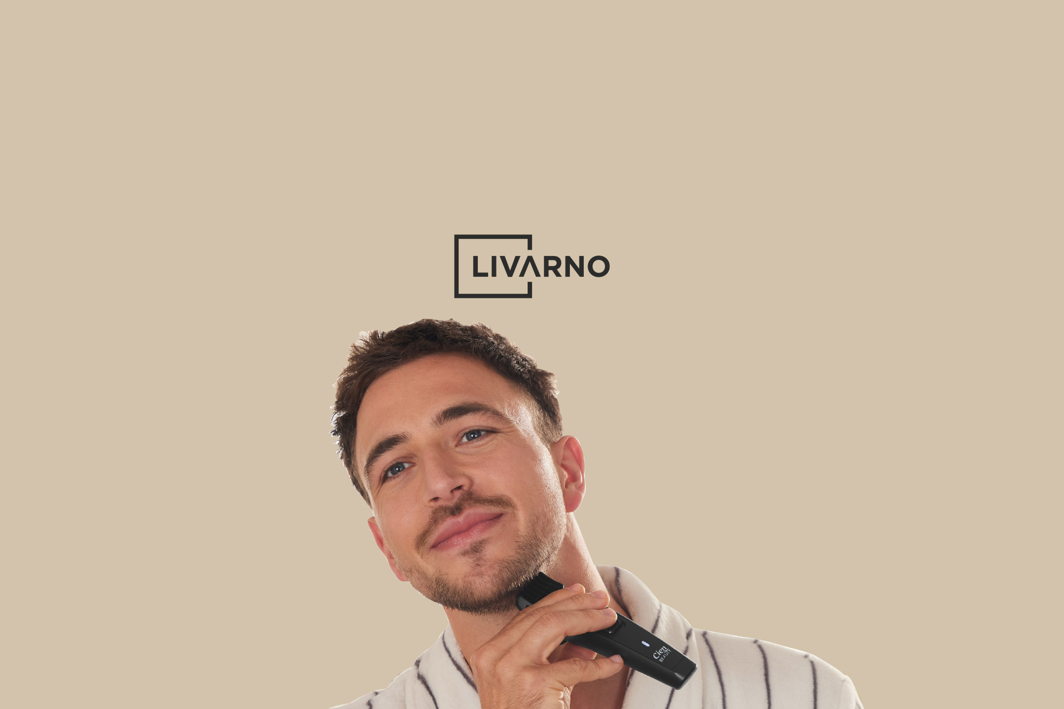 Man in a bathrobe trimming his beard with a beard trimmer, with a brand logo above.