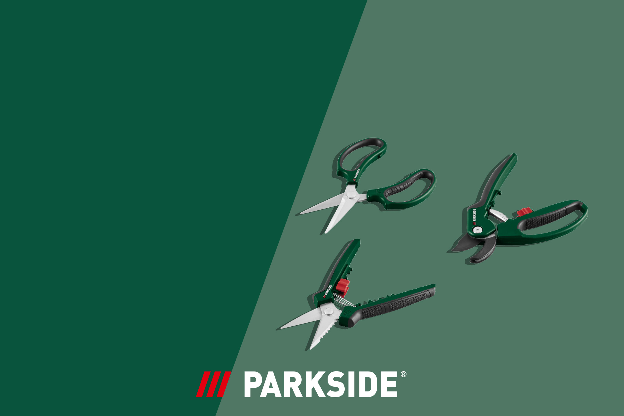 Three green and black gardening tools: two pairs of shears and one pair of secateurs.