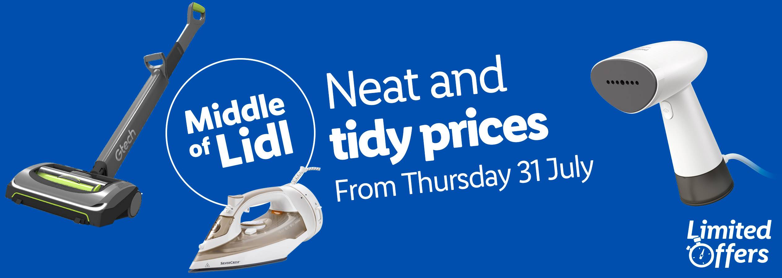 Lidl's Middle of Lidl sale features Gtech vacuum, Silvercrest iron, and a handheld garment steamer.  Limited time offers from July 31st.