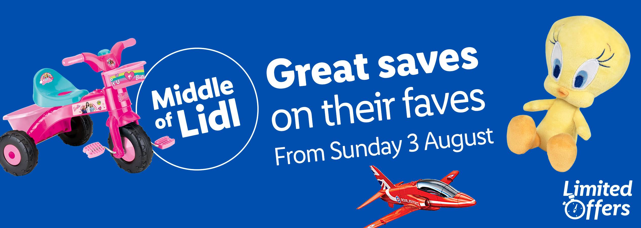 Lidl's Middle of Lidl sale features Barbie tricycle, Tweety plush, and a Red Arrows plane toy.