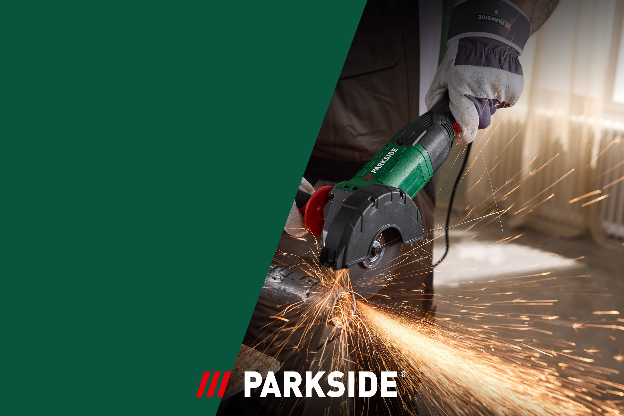 Angle grinder cutting metal, creating sparks, with a dark green overlay and logo.