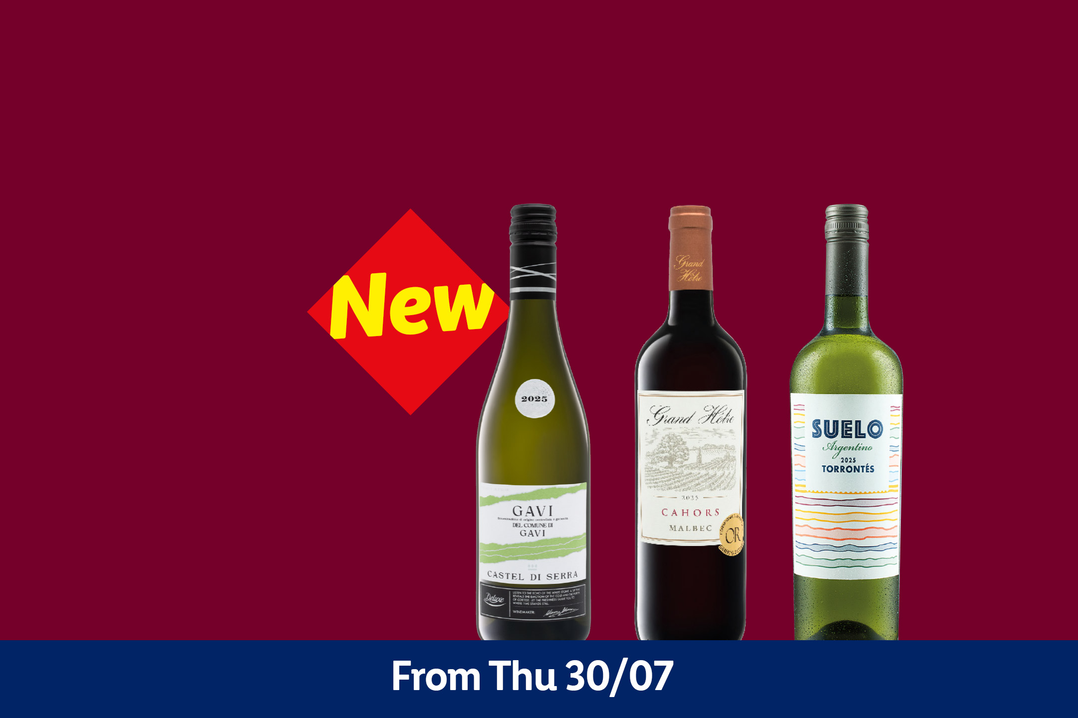 Three wine bottles, one white and two red, with a 'New' label, available from Thursday 30/07.