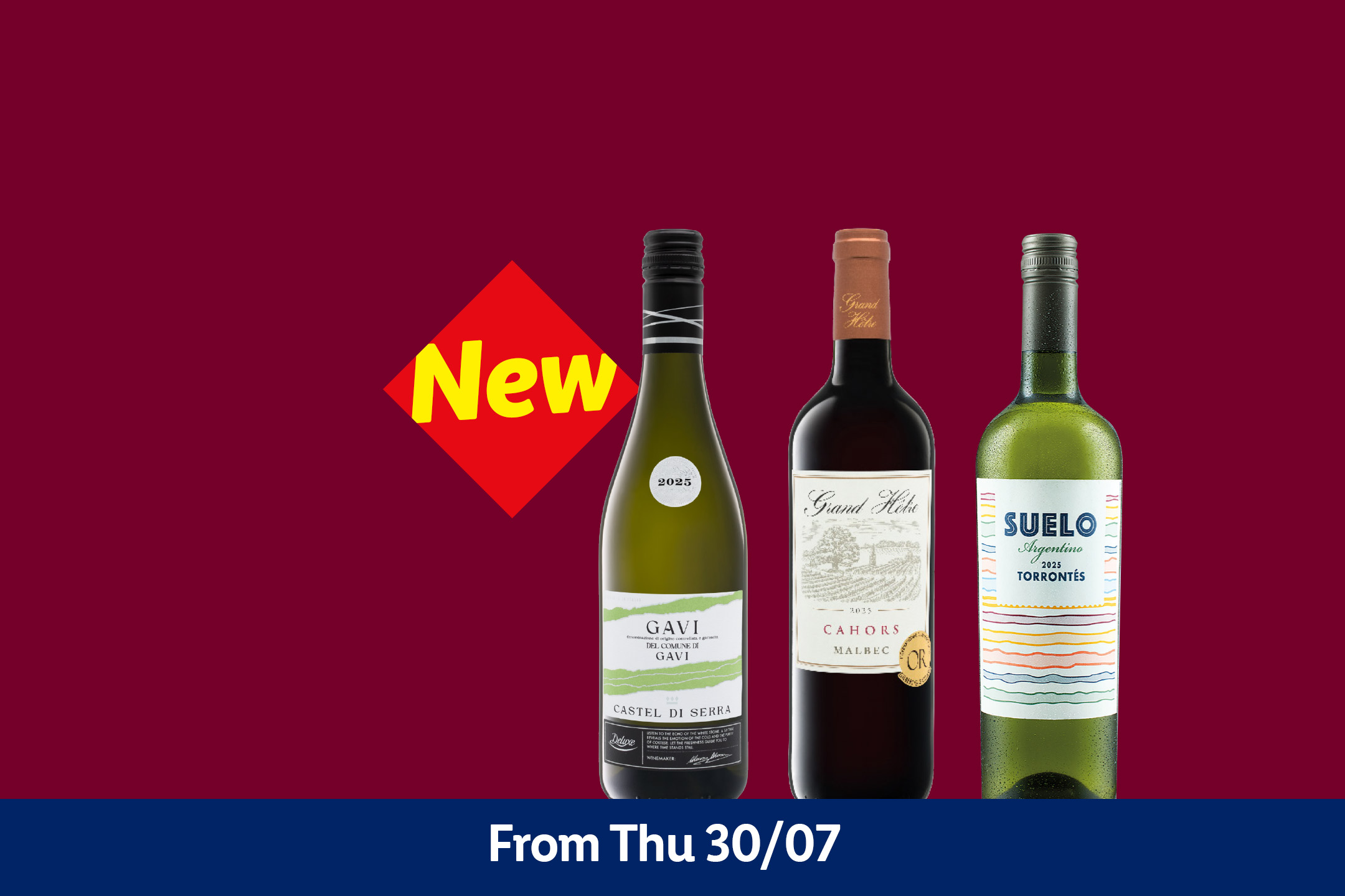 New wines available from Thursday 30/07, including white, red, and rosé varieties.