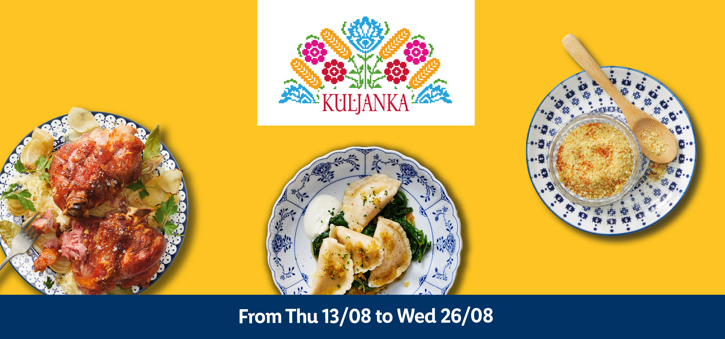 A bowl of breadcrumbs and a plate of pierogi with spinach and sour cream, with a folk art logo and dates.