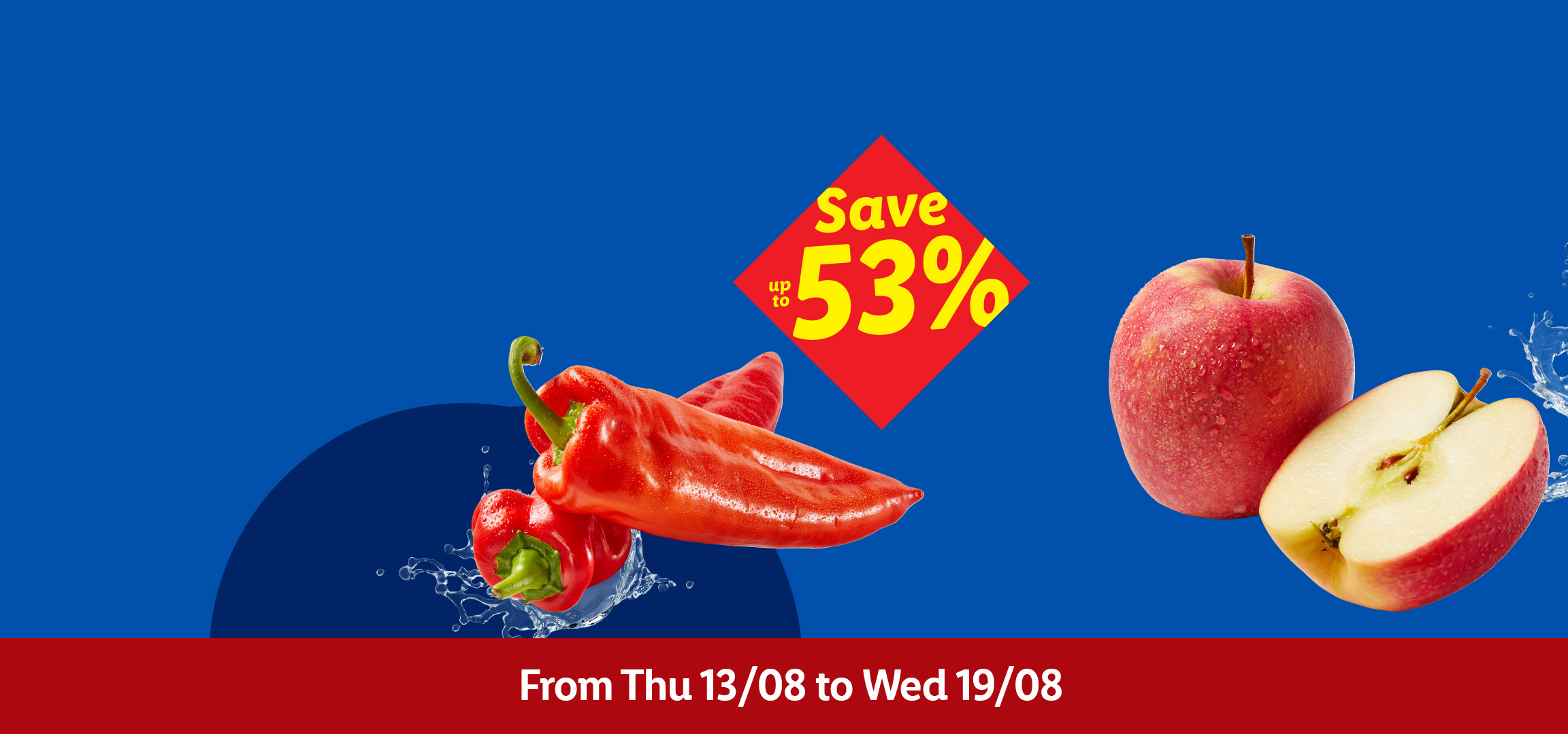 Avocados, red peppers, and apples with water splashes, advertising a 'Save up to 53%' deal from Thu 13/08 to Wed 19/08.