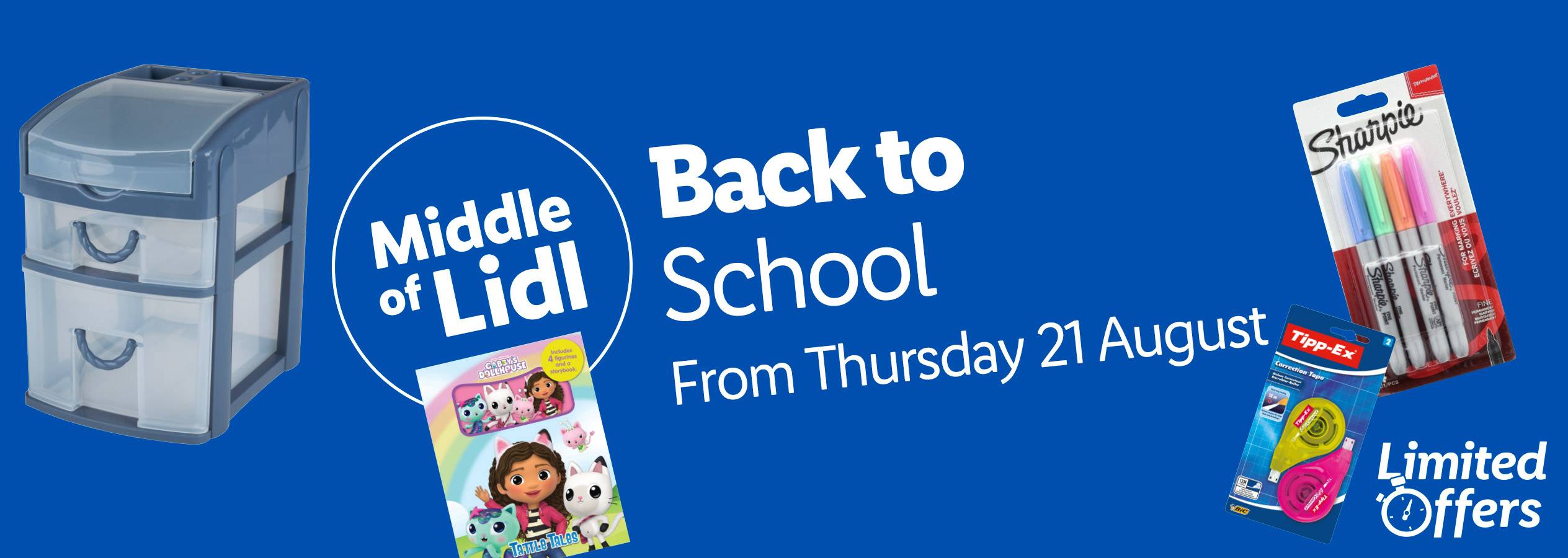 Lidl's Back to School sale features Sharpie pens, Tipp-Ex, and a Gabby's Dollhouse storybook.