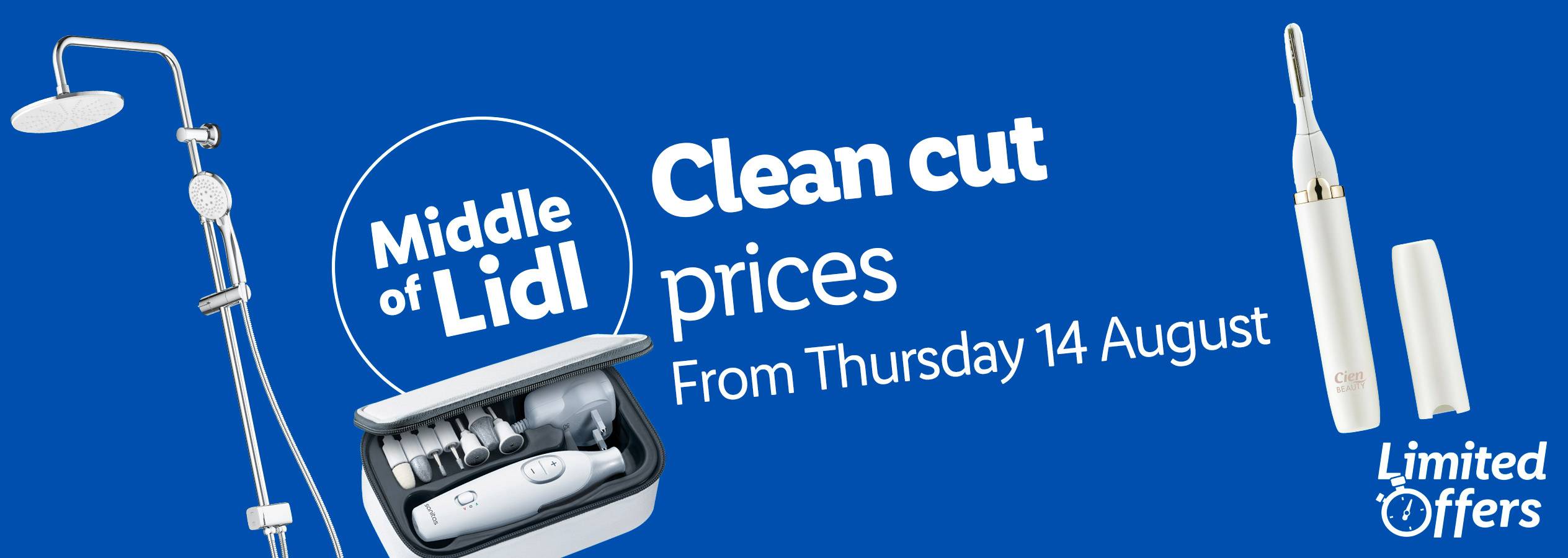 Lidl ad with shower head, manicure/pedicure set, and facial hair remover, promoting 'Clean cut prices'.