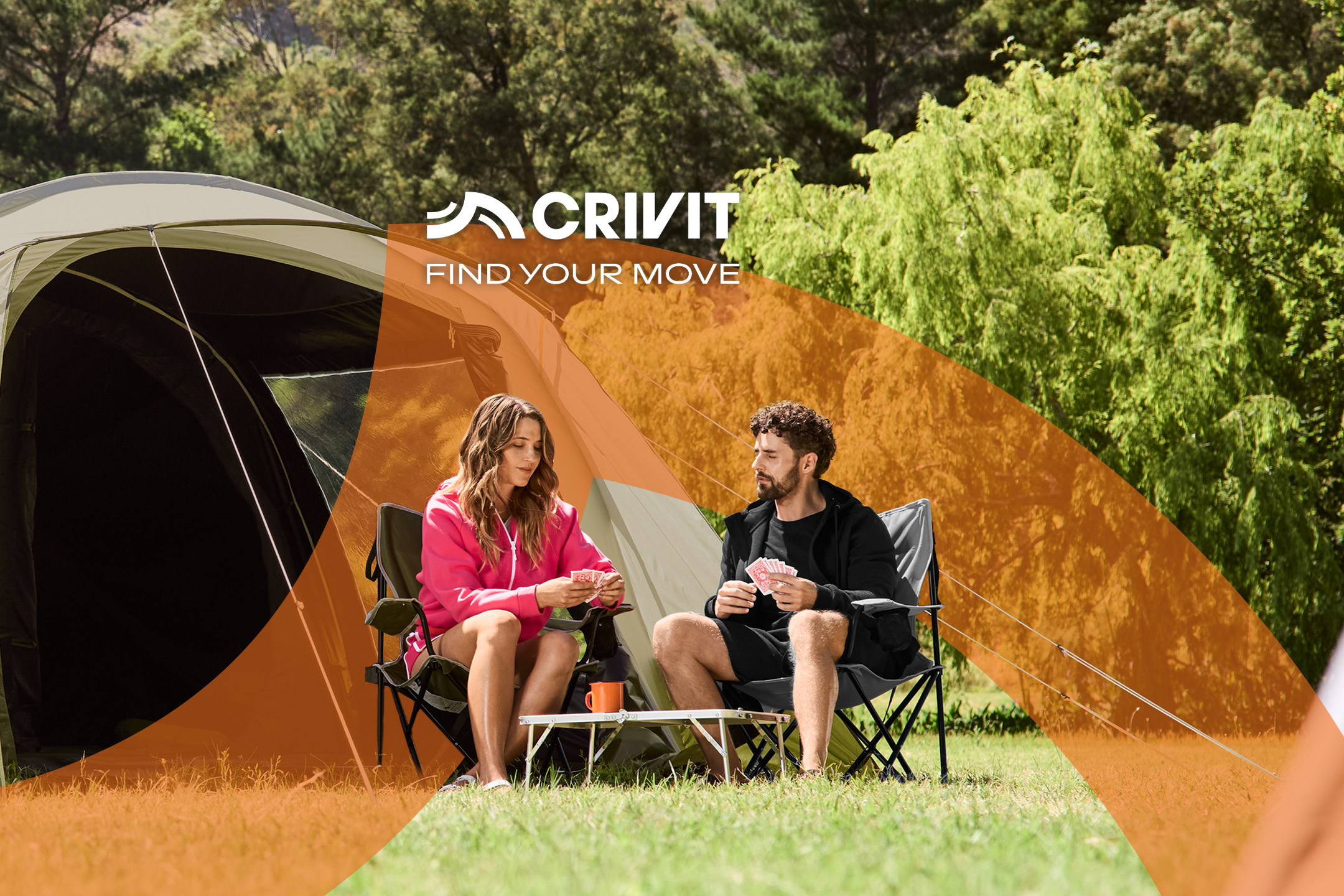 Camping tent with a couple playing cards, surrounded by nature. Text: FIND YOUR MOVE.