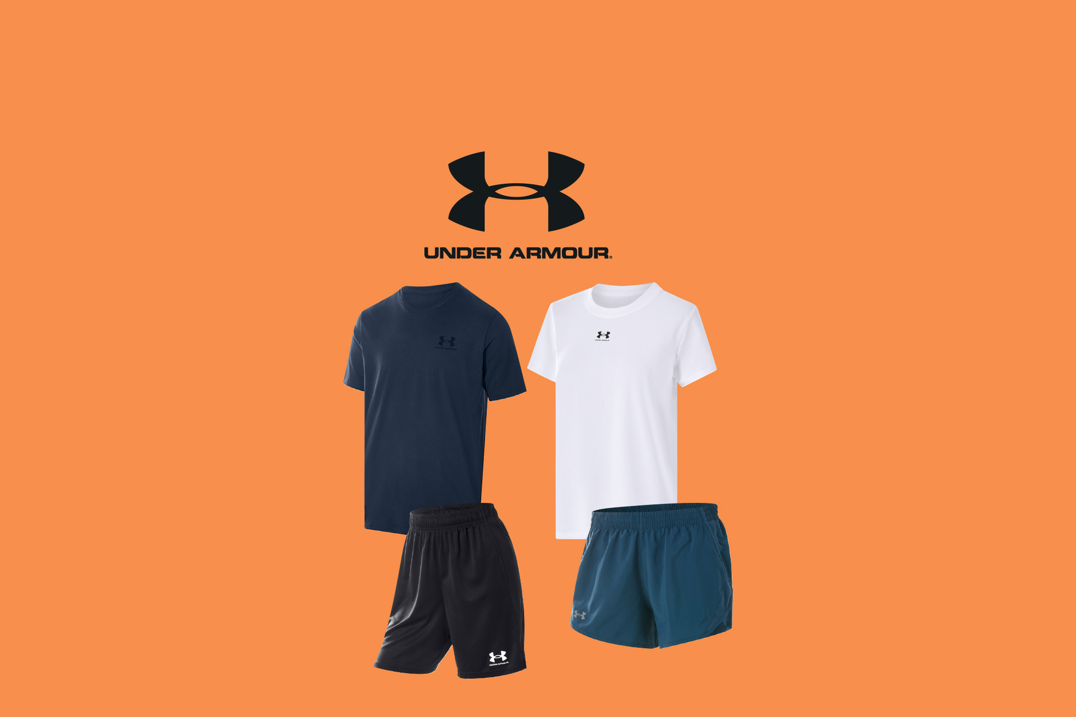 Two men's t-shirts and two pairs of shorts in black, white, and blue.