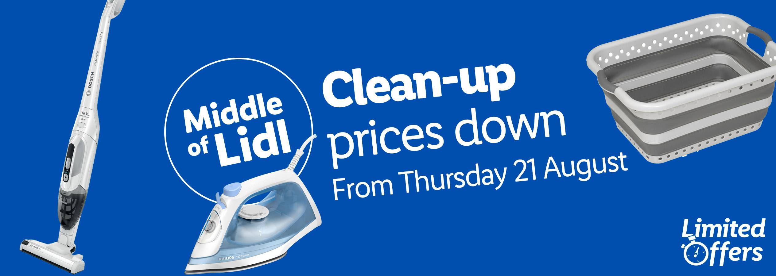 Lidl's Middle of Lidl sale features Bosch and Philips cleaning appliances and a collapsible laundry basket.