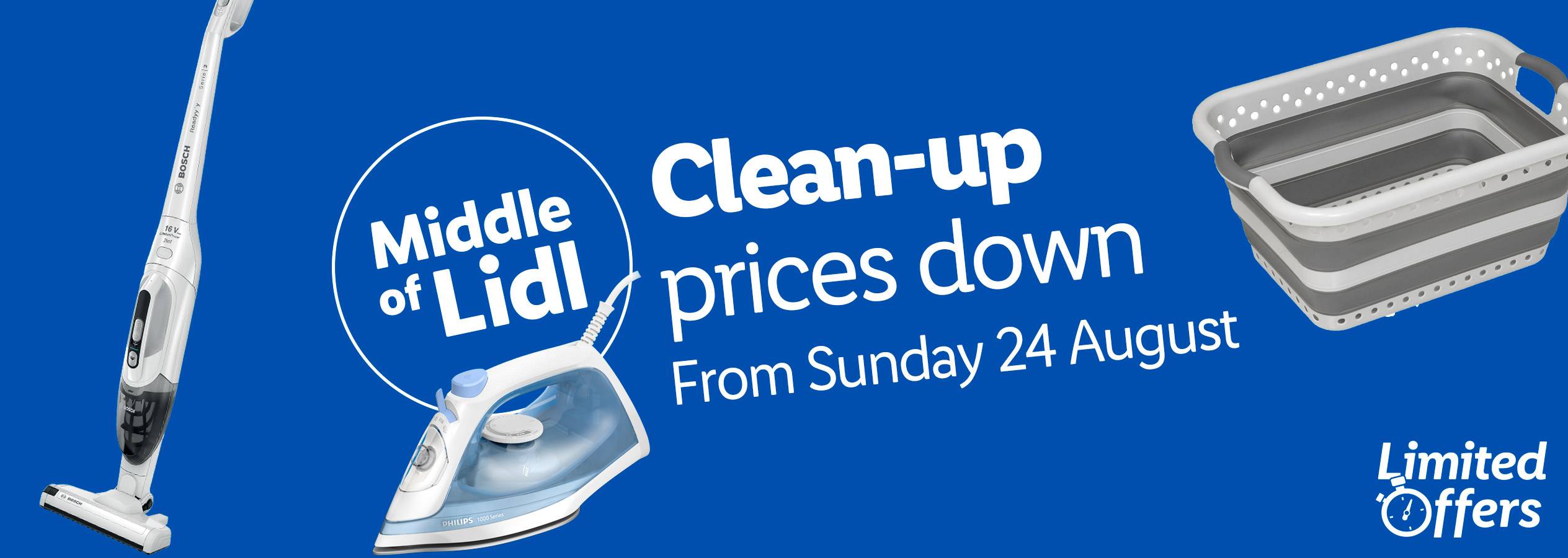 Lidl ad with a Bosch vacuum, Philips iron, and laundry basket, promoting 'Clean-up prices down'.