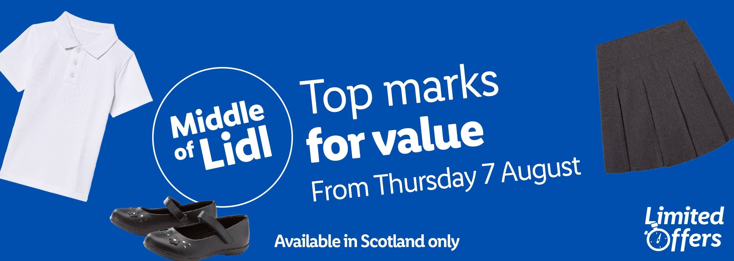 Lidl's back-to-school sale features school uniform including polo shirts, skirts, and shoes, available in Scotland only.