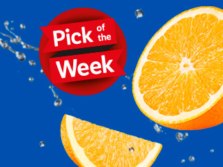 A half orange and an orange slice with water splashes, next to a red circle with the text 'Pick of the Week'.