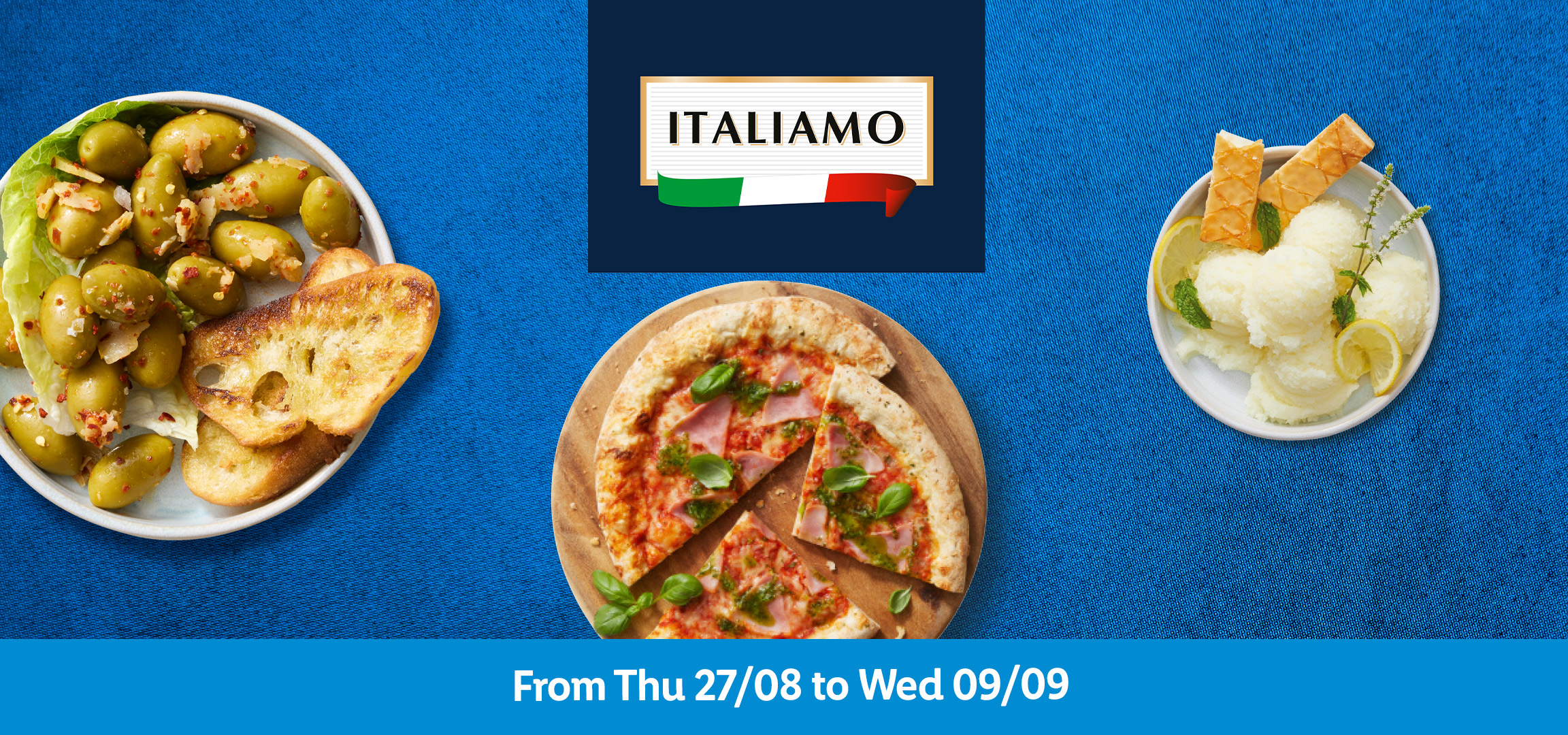 Italian food promotion with olives, croutons, and pizza, valid from 27/08 to 09/09.