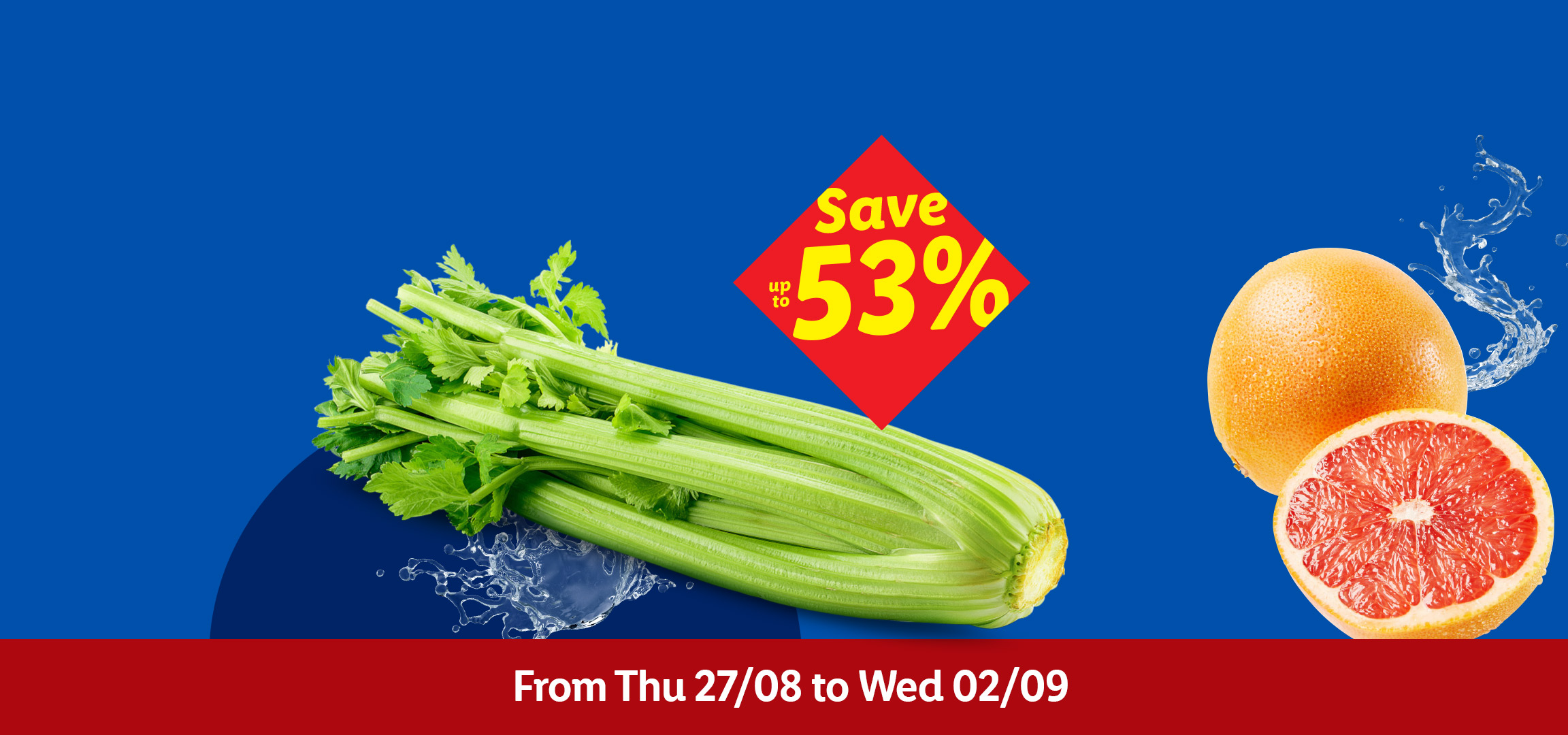 Onions, celery, and grapefruit with a 'Save up to 53%' offer, valid from 27/08 to 02/09.