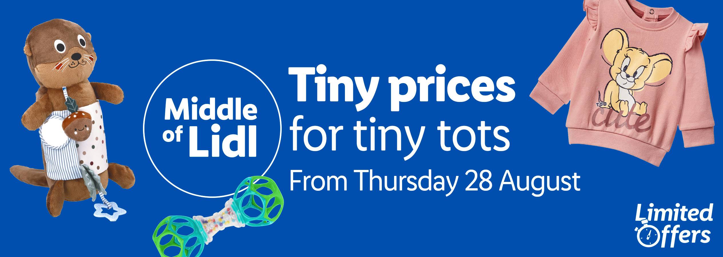 Lidl advertisement for baby products including a plush otter toy, a rattle, and a pink sweatshirt with a cartoon mouse.