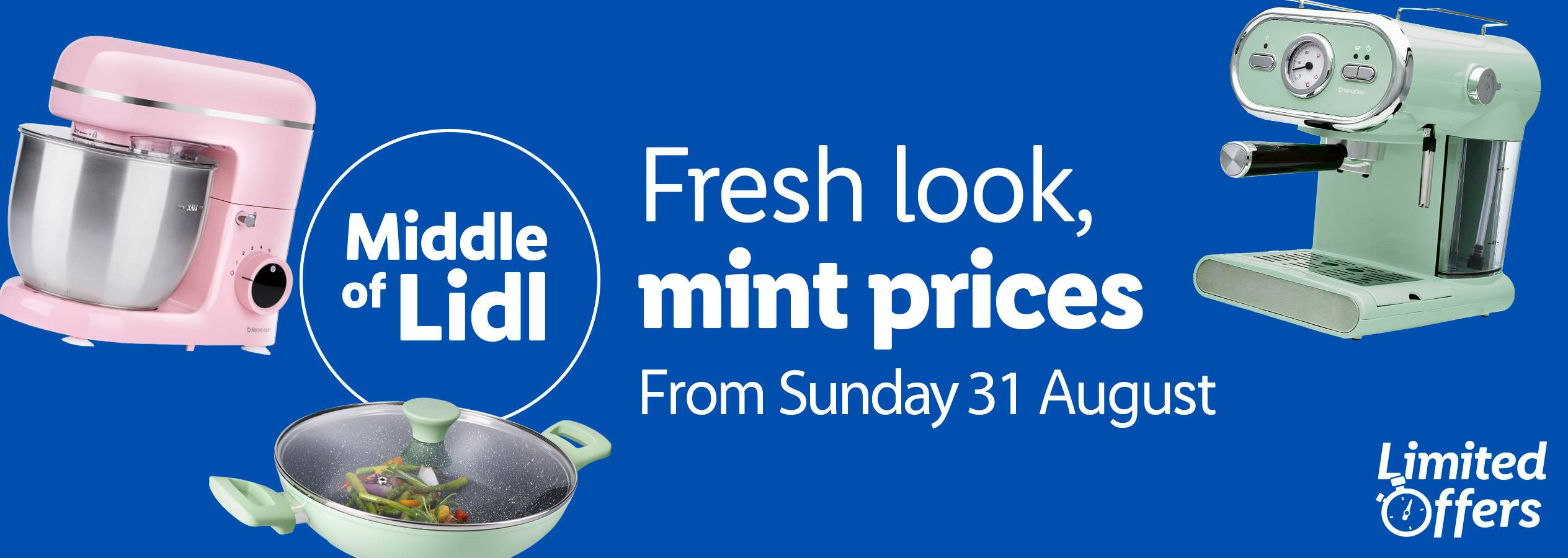 Pink stand mixer, mint green espresso machine, and wok with vegetables, advertising 'Middle of Lidl' offers.