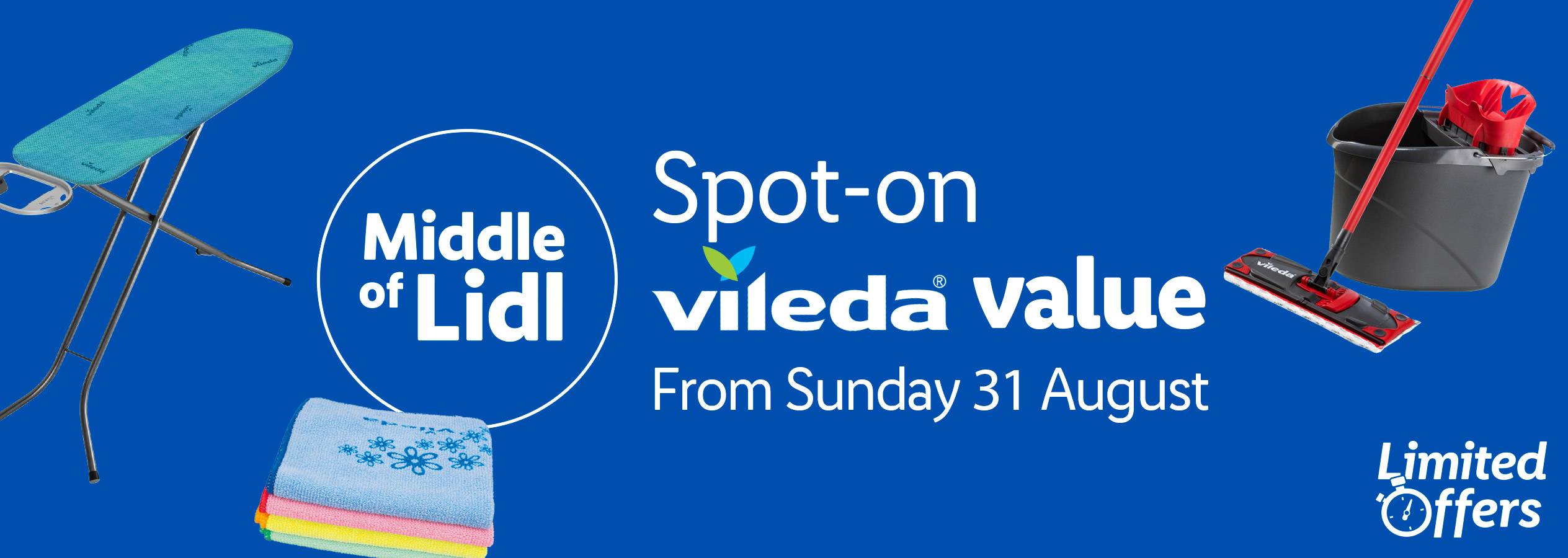 An ironing board, cleaning bucket with mop, and towels, advertising Vileda products at Lidl.