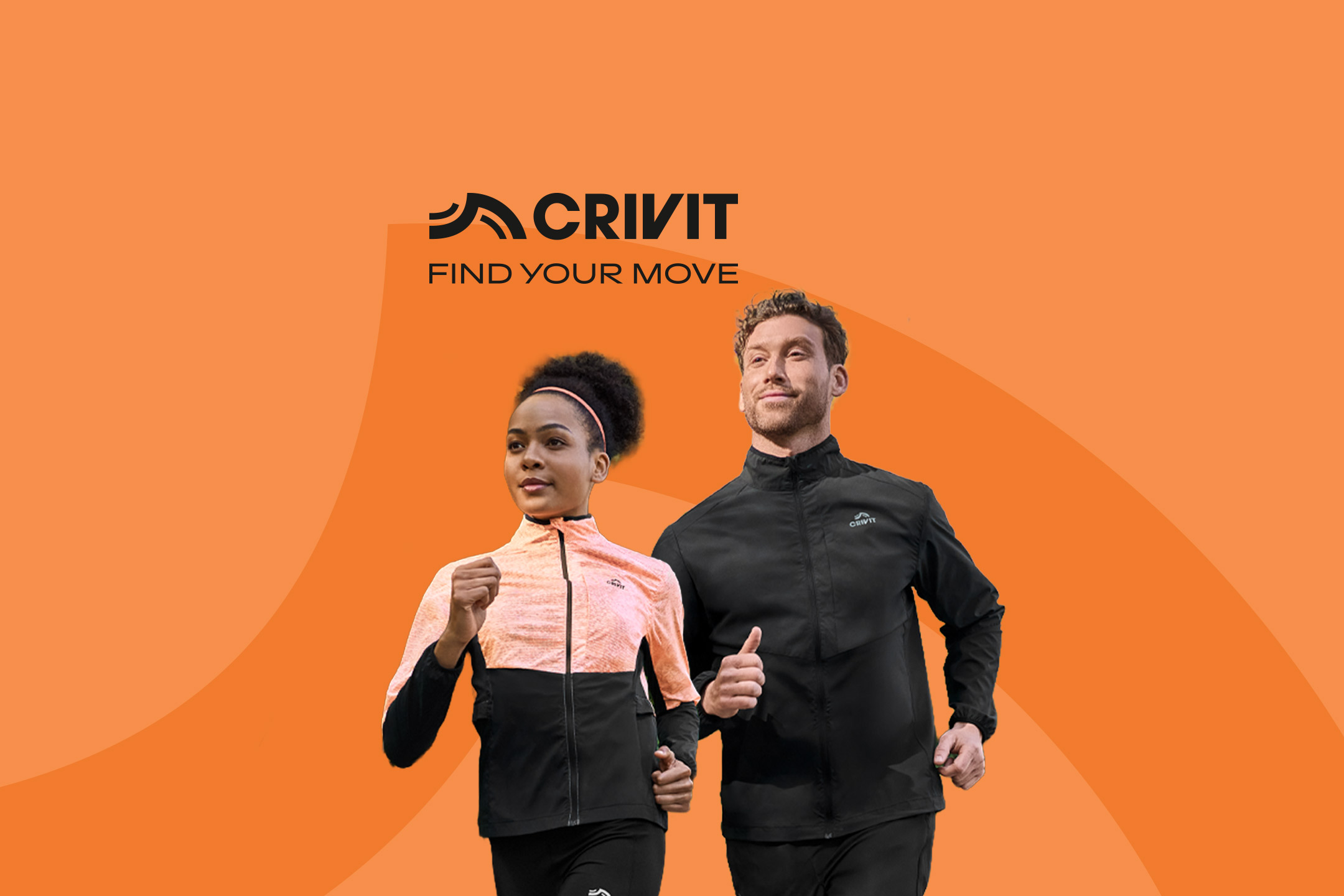 Two people in black and orange running jackets, jogging against an orange background.