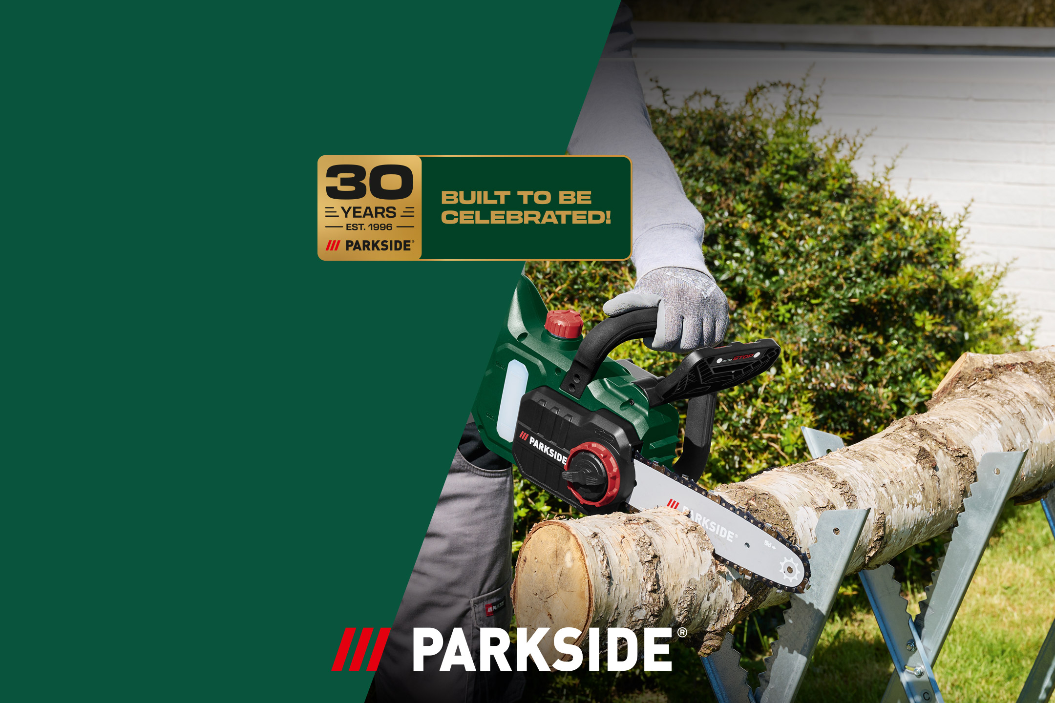 A person using a chainsaw to cut a log, with a '30 Years Built to Be Celebrated!' emblem.