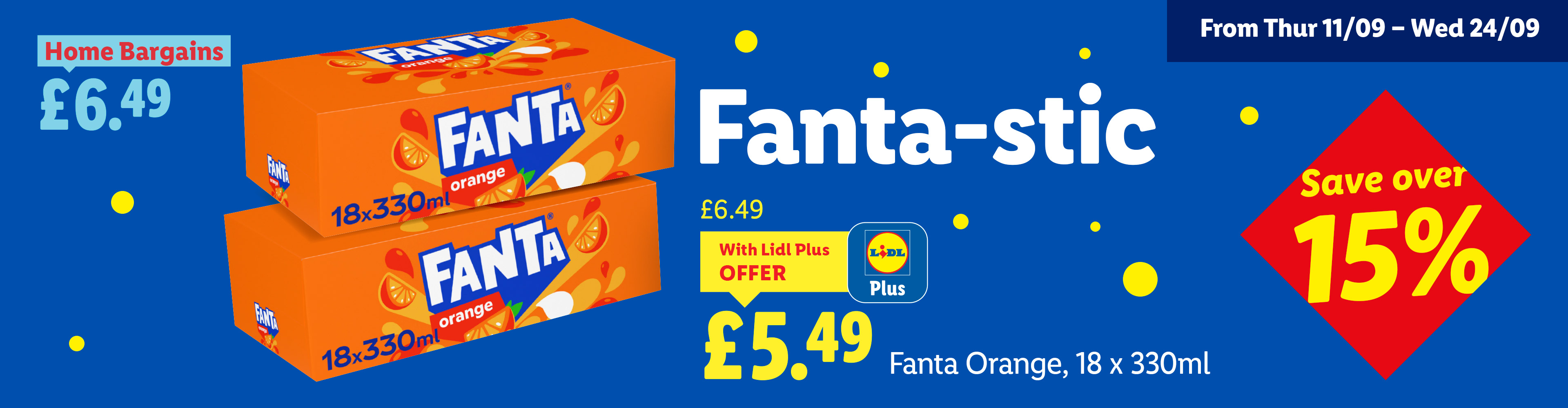 Fanta Orange 18-pack promotion at Lidl, with a Home Bargains price comparison.