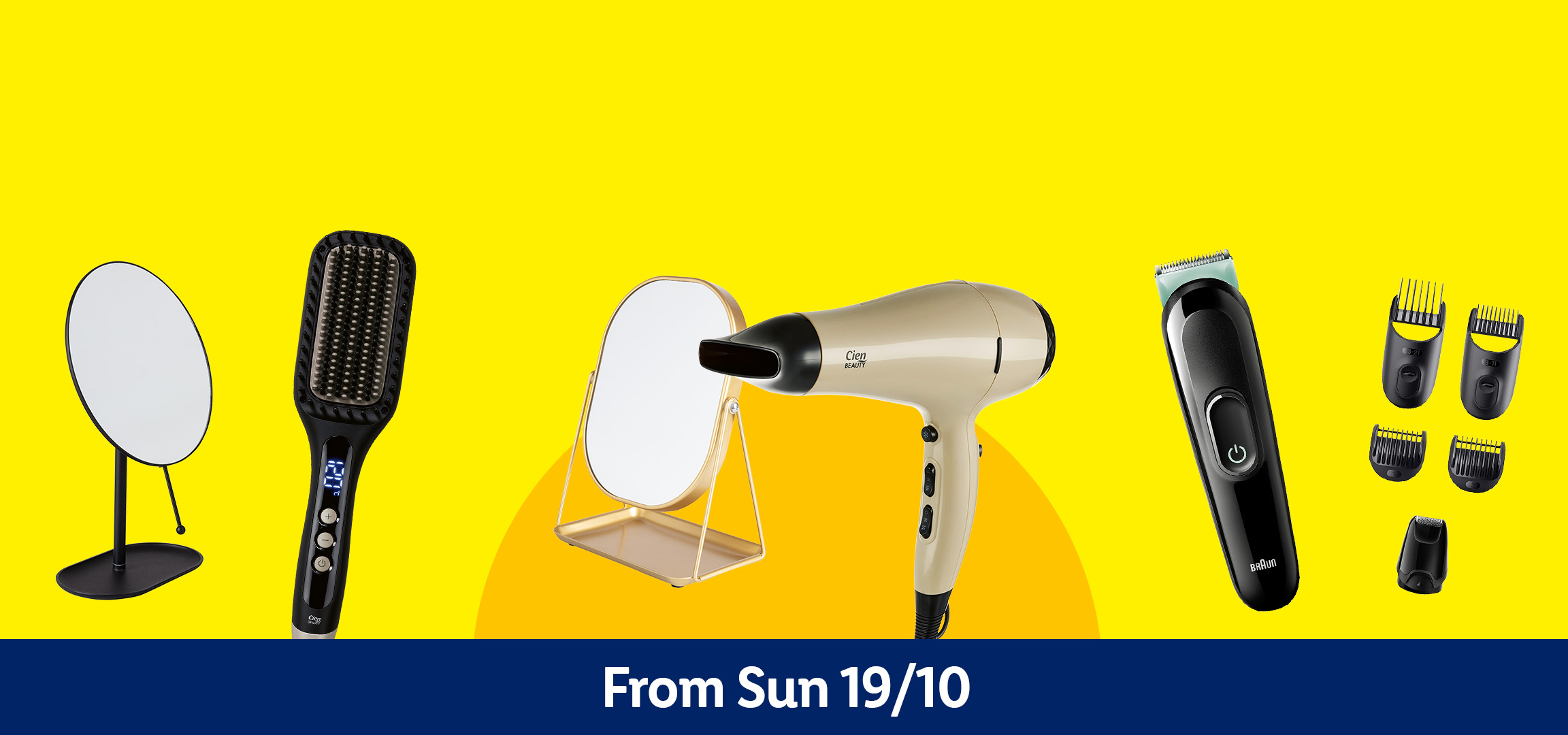 A collection of personal care appliances including an electric shaver, hairbrush, mirrors, hairdryer, and beard trimmer.