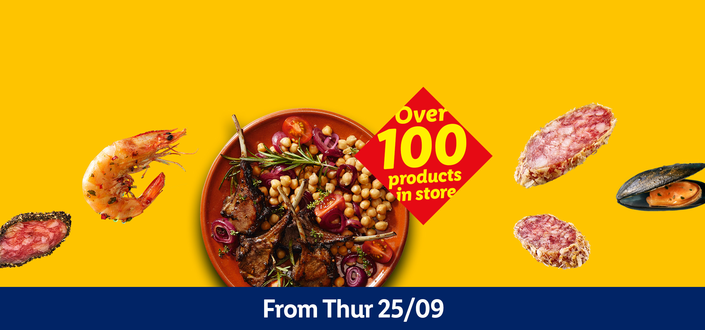 A banner with various food items like lamb chops, chickpeas, shrimp, mussels, and salami.