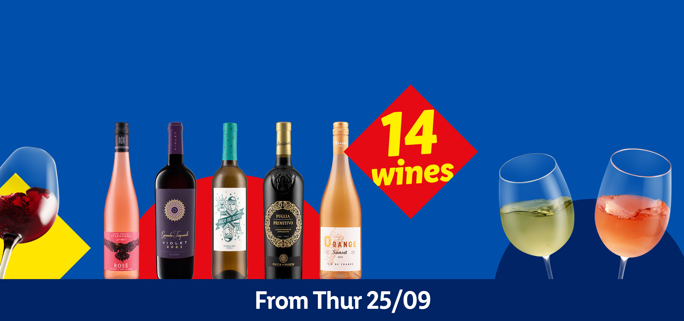 Wine glasses and bottles, including rosé, red, white, and orange wines, with a '14 wines' label.
