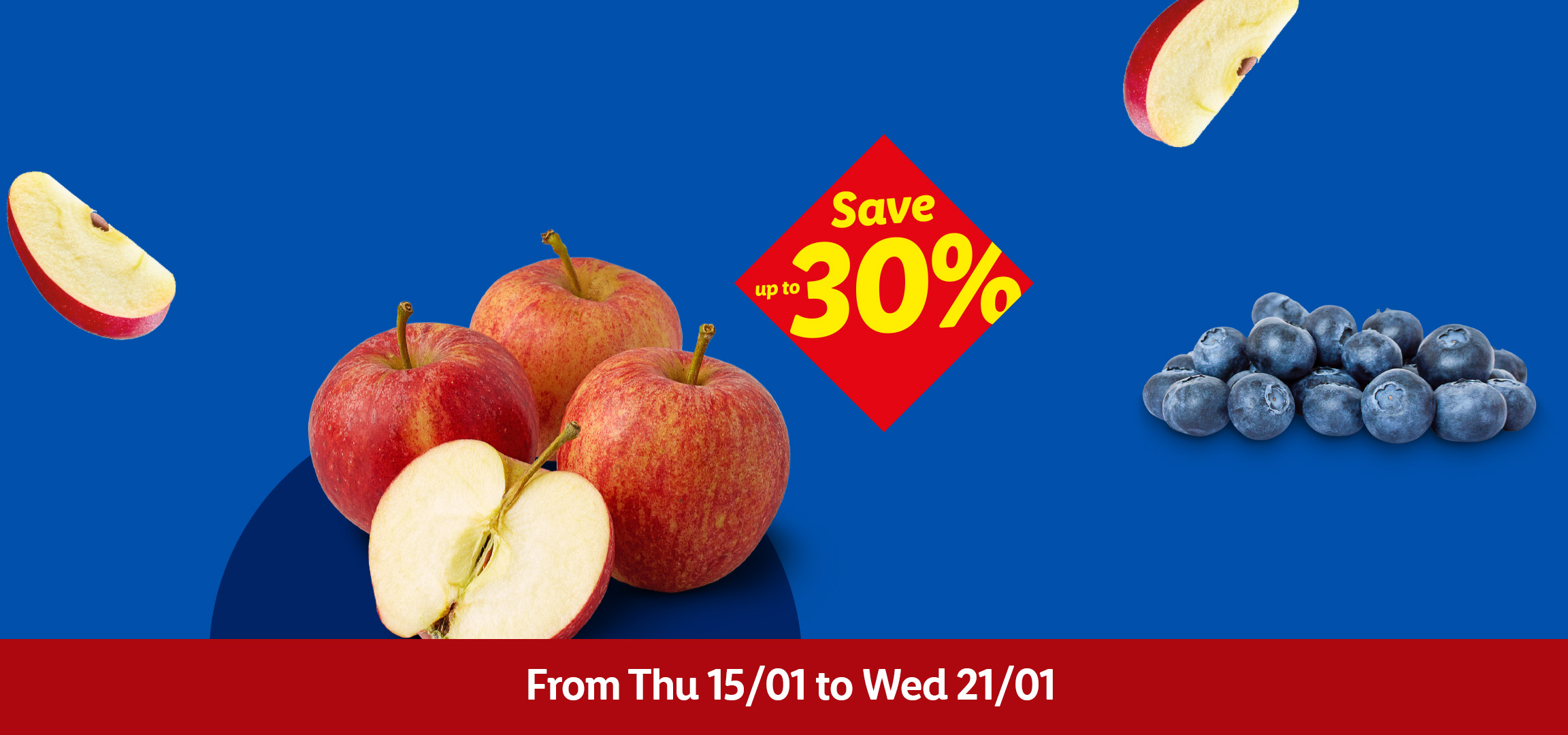Lemons, apples, and blueberries on a blue background with a 'Save up to 30%' offer.