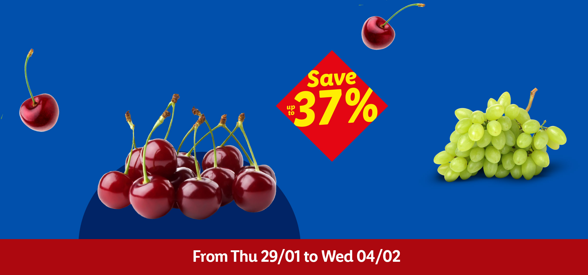 Nectarines, cherries, and green grapes on a blue background with a red banner indicating a sale from Thursday 29/01 to Wednesday 04/02, with savings up to 37%.