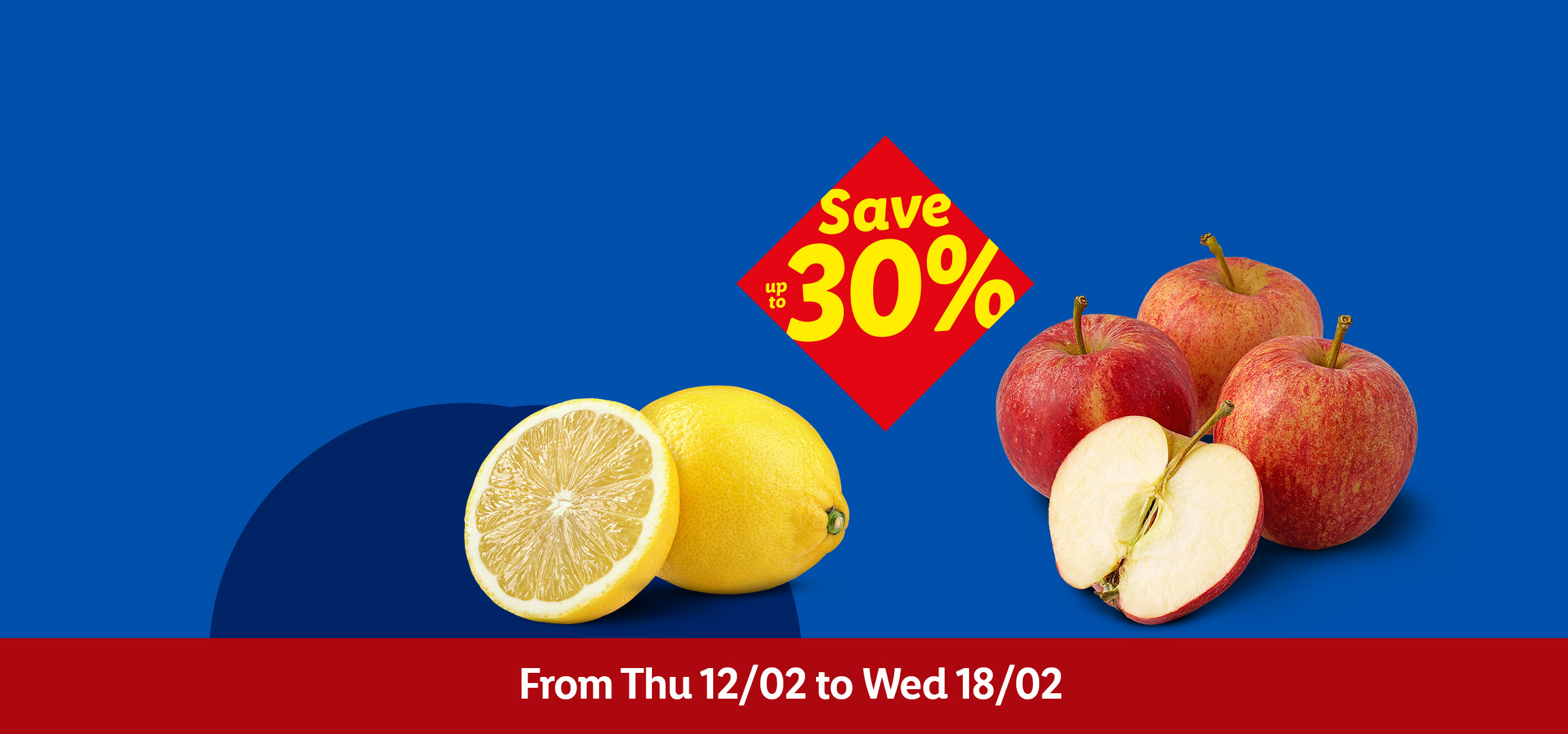 Tomatoes, lemons, and apples on a blue background with a 'Save up to 30%' sign.