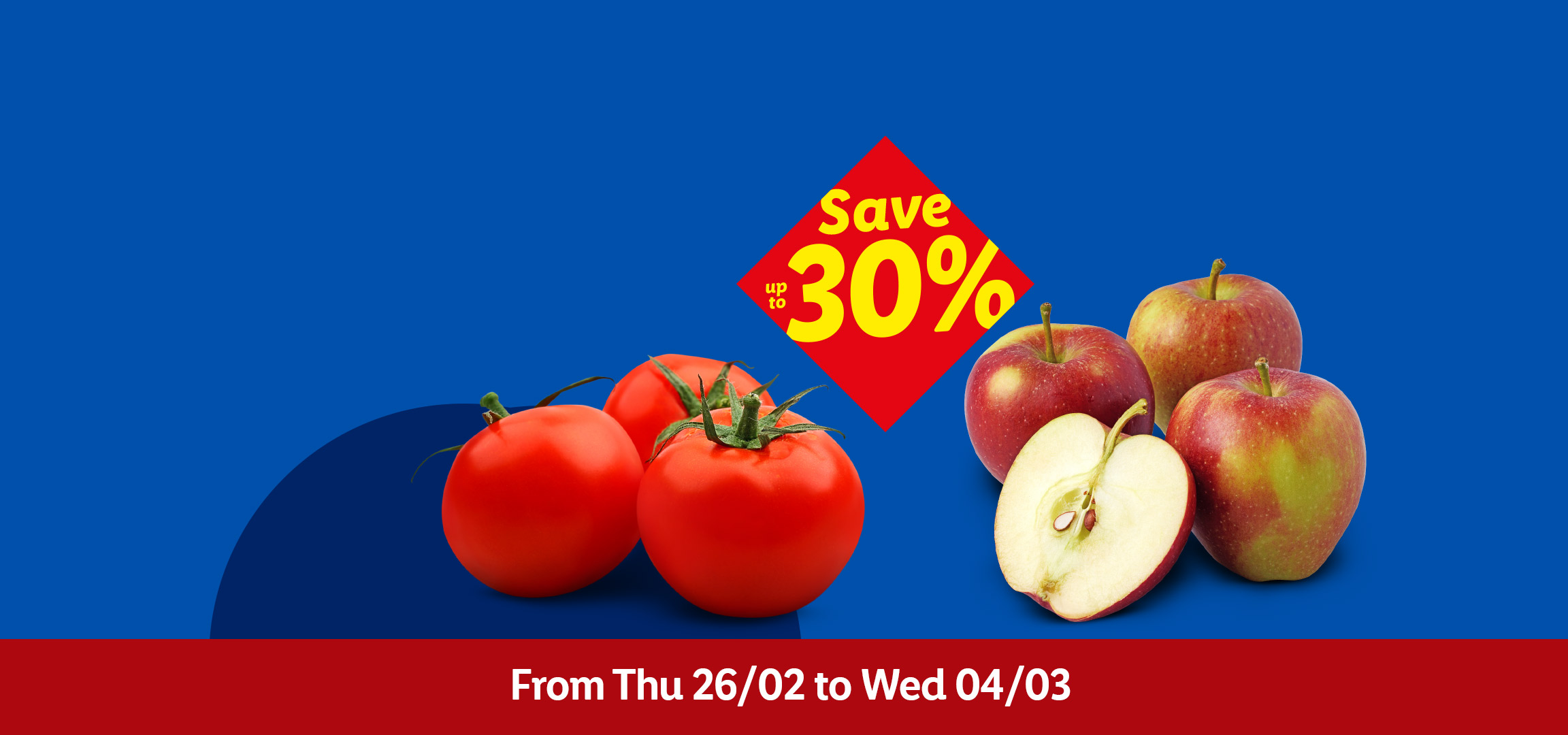 Red onions, tomatoes, and apples with a 'Save up to 30%' offer, valid from Feb 26 to Mar 04.