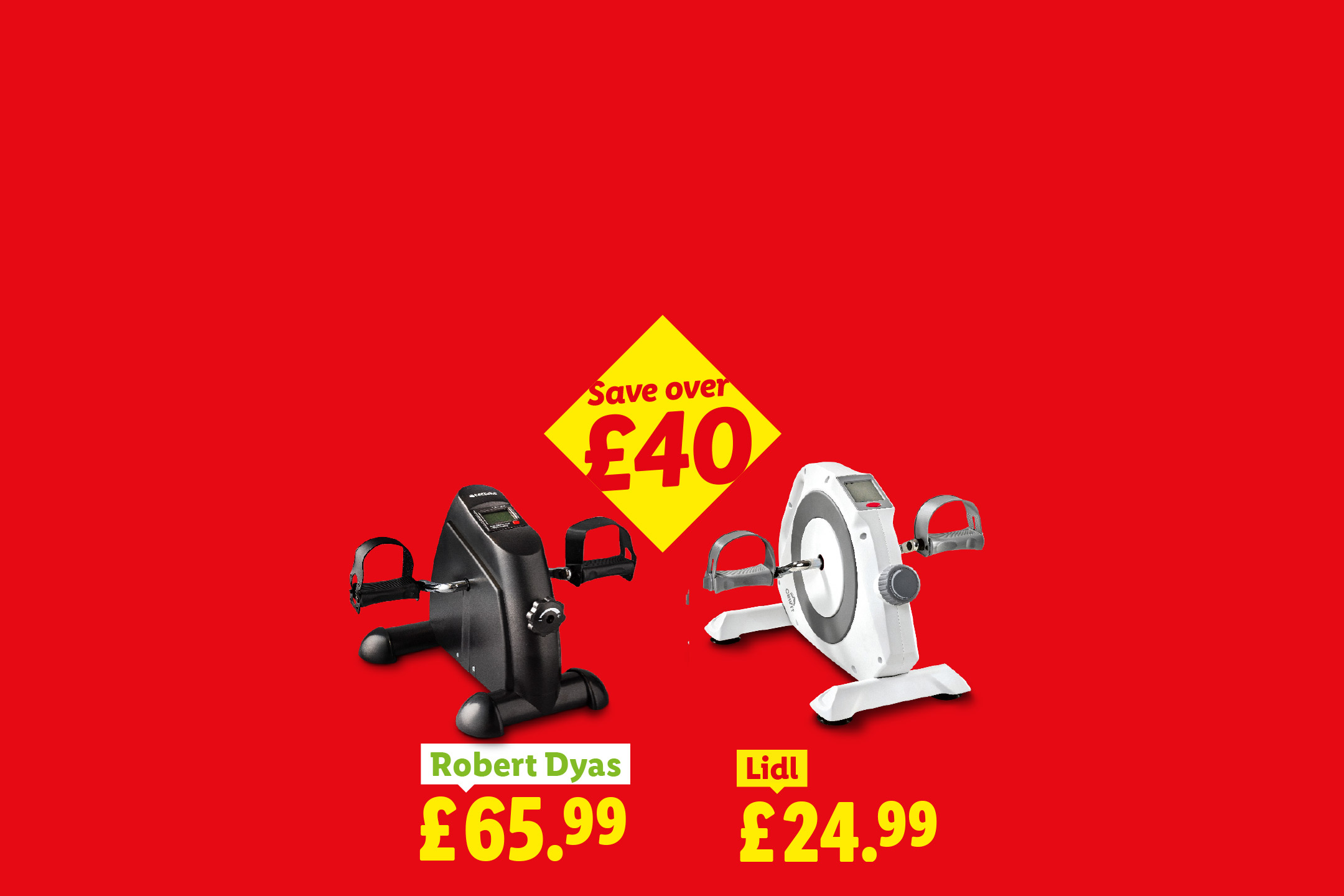 Two mini exercise bikes, one black and one white, with a 'Save over £40' label.