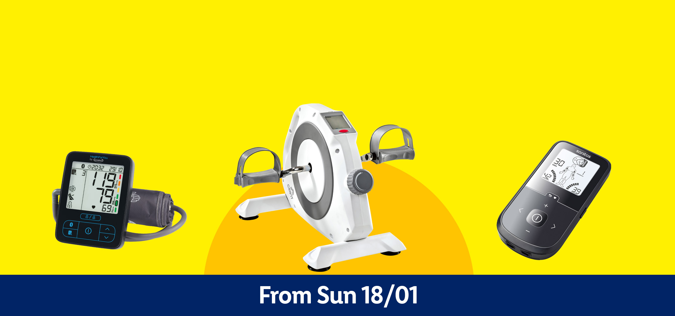 Blood pressure monitor, ankle support bandage, mini exercise bike, and TENS device.