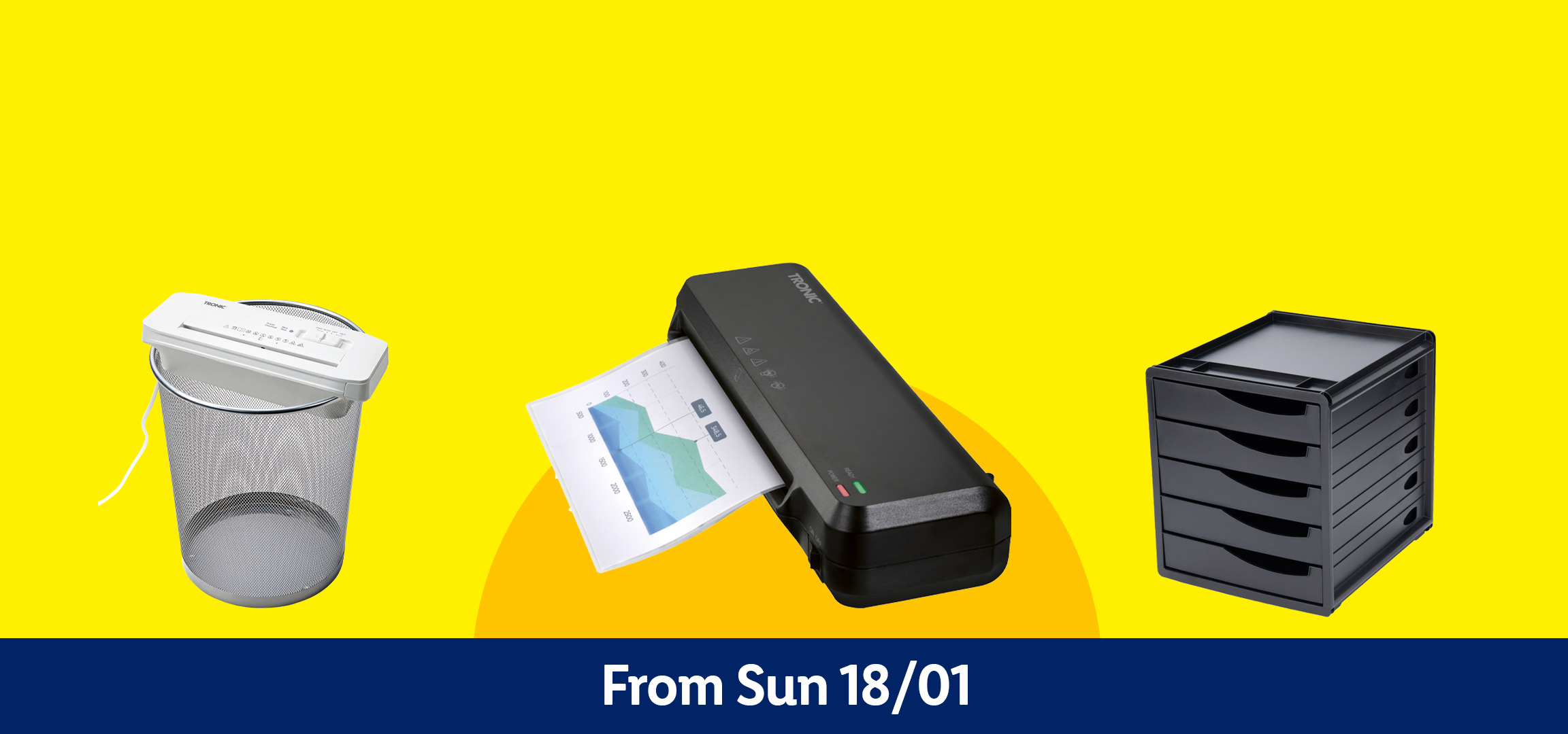 Office supplies: paper shredder, hole punch, laminator, and drawer unit. From Sun 18/01.