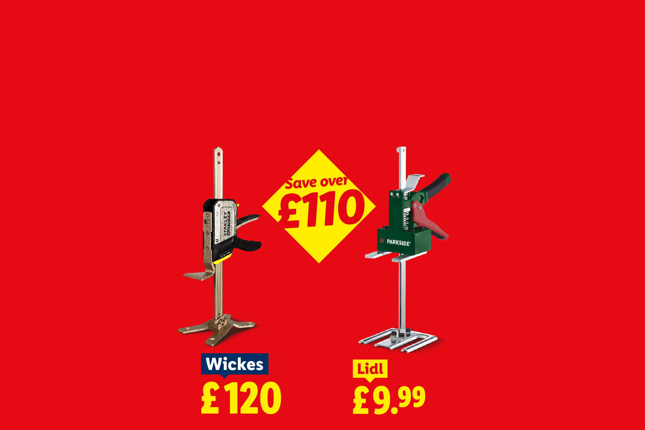 Comparison of two floor jacks: a Stanley FatMax from Wickes for £120 and a Parkside from Lidl for £9.99, highlighting a saving of over £110.