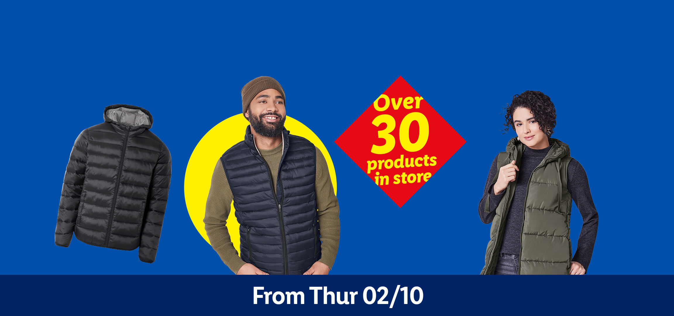 People wearing puffer jackets and vests, with a red diamond indicating 'Over 30 products in store'