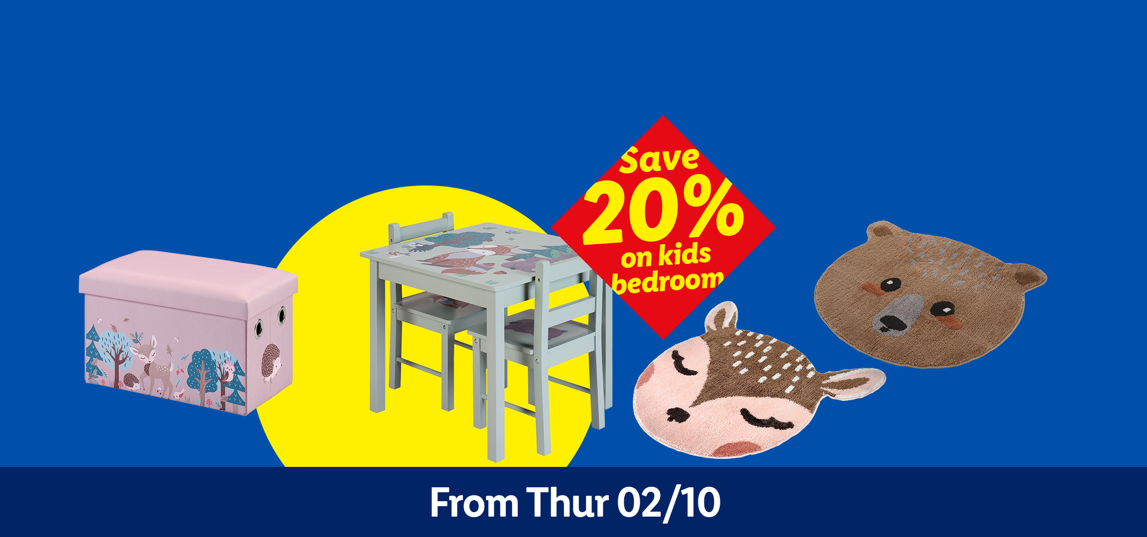 Kids' bedroom items including a storage box, animal rugs, a table and chairs, and a bookshelf.