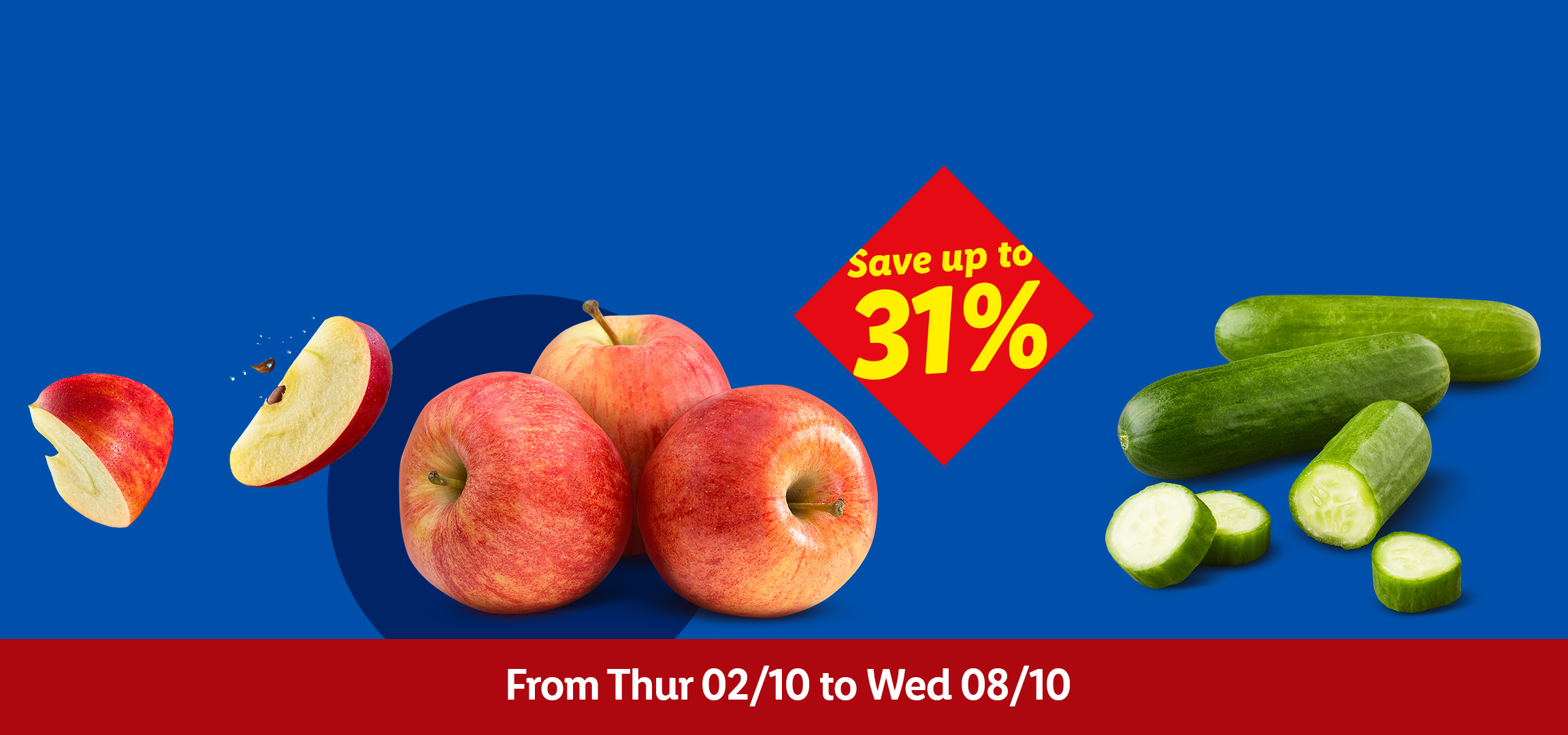 Bell peppers, apples, and cucumbers on a blue background with a red banner indicating a sale.